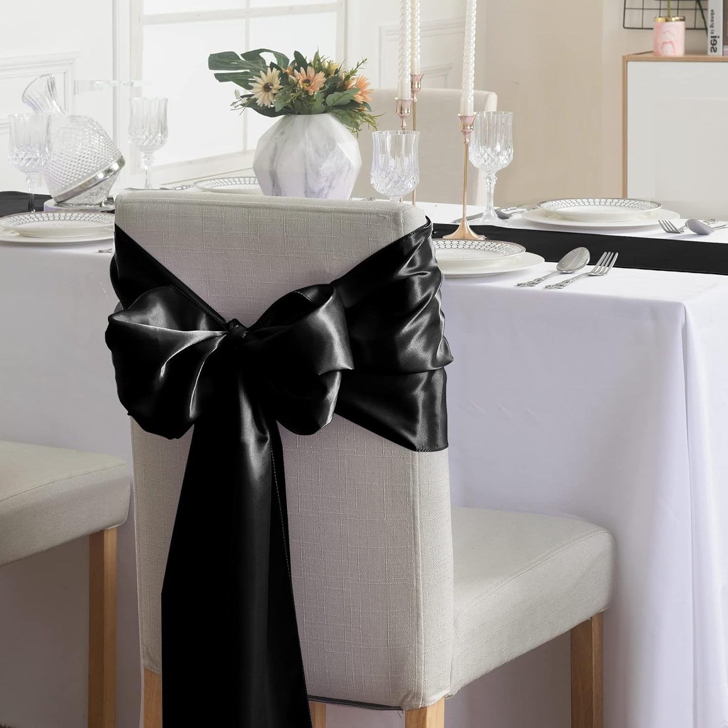 24Pack Table Runner 12 x 108 Inches Satin Silk Table Runner for Wedding, Birthday Party, Banquets, Graduations Decoration, fit Rectange and Round Table-Black