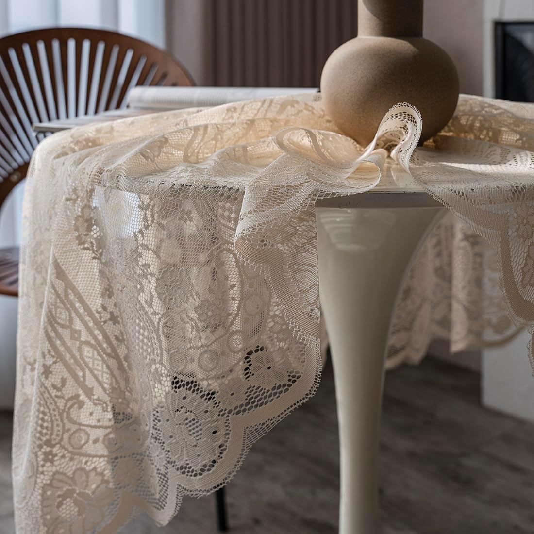 Vintage 60 inch Beige Lace Tablecloth Floral Embroidered Boho Shabby Chic Small Table Cover for Wedding Halloween Party Dinning Holiday, 1 Piece