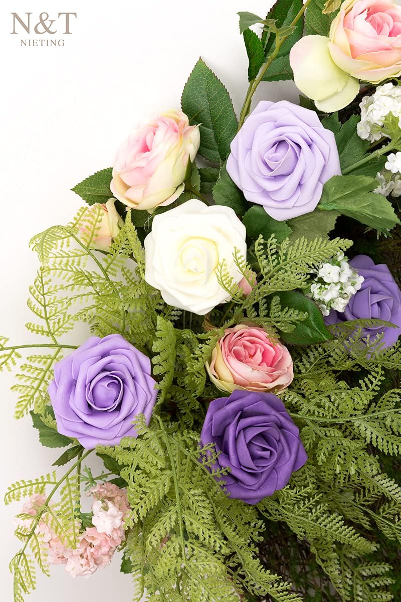 N&T NIETING Artificial Flowers 50Pcs Fake Foam Rose Purple Flowers with Stems Lavender for DIY Wedding Bridesmaid Bridal Bouquets Centerpieces Party Home Decoration(Series Purple)