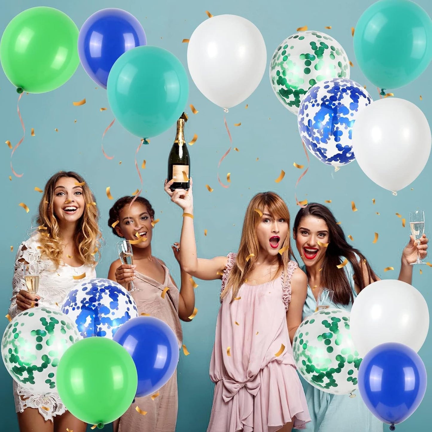 50Pcs Blue Green Balloons 12inch Light Green Blue Vintage Confetti Balloon with Ribbons for Boys Birthday Party Jungle Safari Themed Decoration