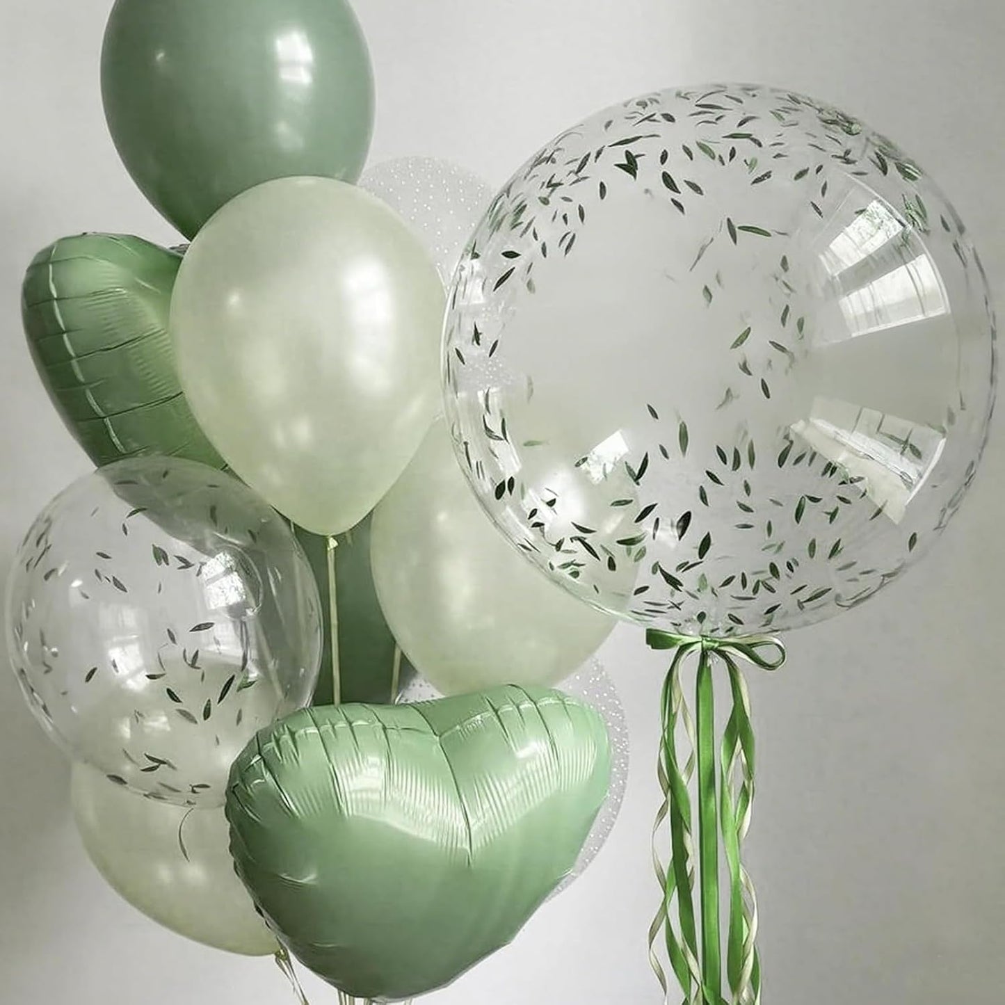 Sage Green White Heart Balloons,12Pcs 18 Inch Oliver Green Cream Foil Love Heart Shaped Balloons for Baby Shower Birthday Party Bridal Engagement Wedding Anniversary Valentines Day Decorations