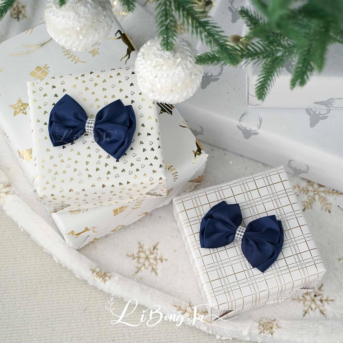 Navy Satin Bows 4'' Premade Blue Ribbon Bow, Gift Bows with Rhinestone, Wrapping Bows for Presents, Greeting Cards, Treat Bags, Wine Bottles, Valentines Bows for Gift Wrapping-12 Counts