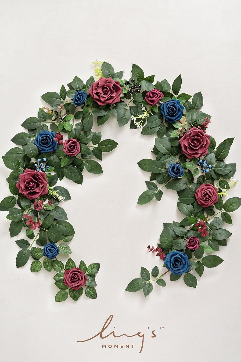 Ling's moment 5FT Burgundy Artificial Flower Garland Navy Blue Floral Arch Table Centerpiece Rose & Leaves for Wedding Parties & Home Decor