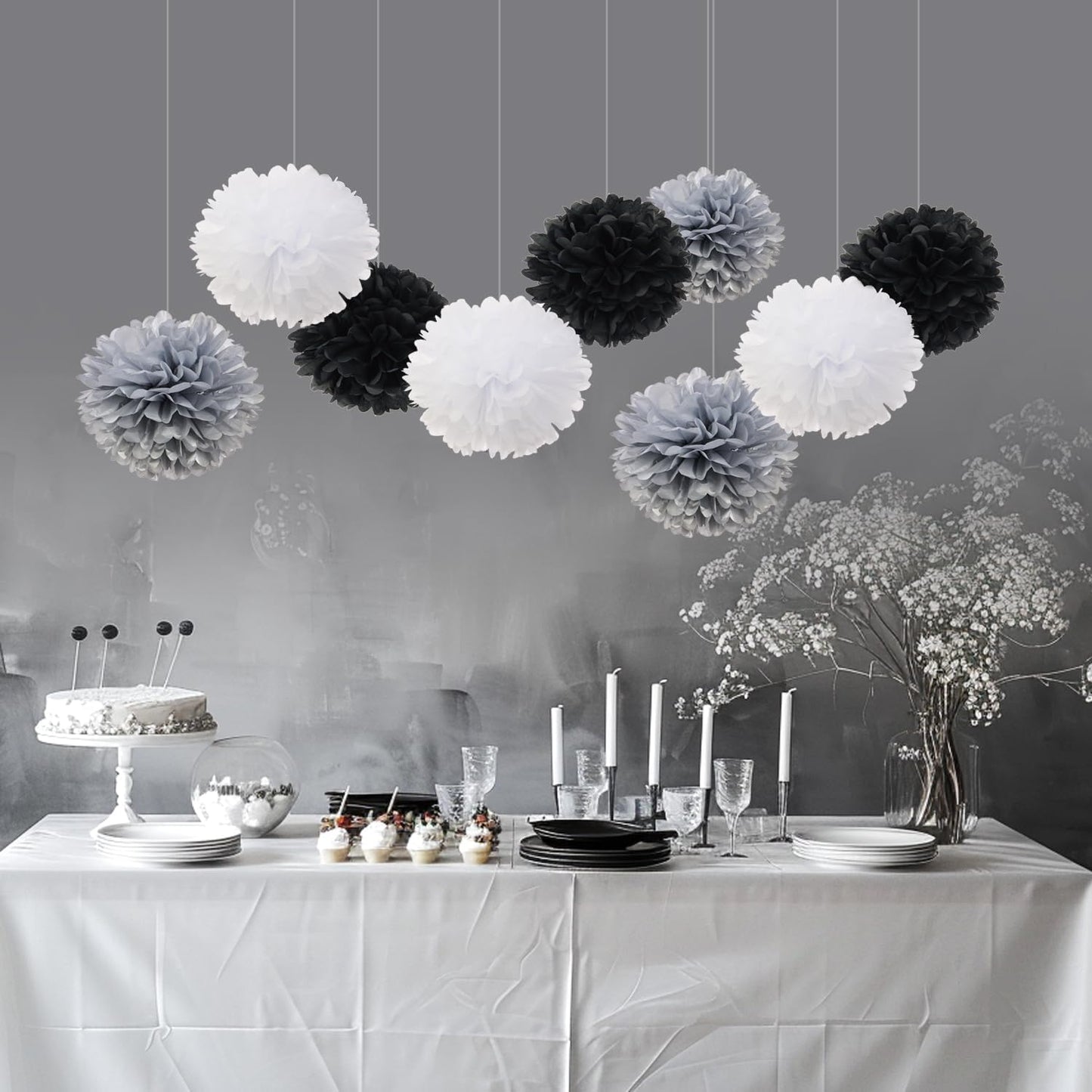 Tissue Pom Poms Tissue Paper Flowers Tissue Fluff Balls Party Decorations 12-Inch Pack of 12 (Black, White, Silver)