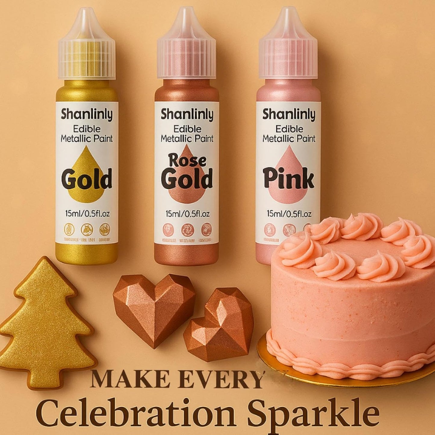 Rose Gold Metallic Edible Paint for Baking – Food Grade Edible Gold Dust Drink Glitter for Shimmer Cake Decorating, Cookies,Cupcakes,Cocktails – 15ml Perfect for Holidays,Wedding,Birthday Decorating
