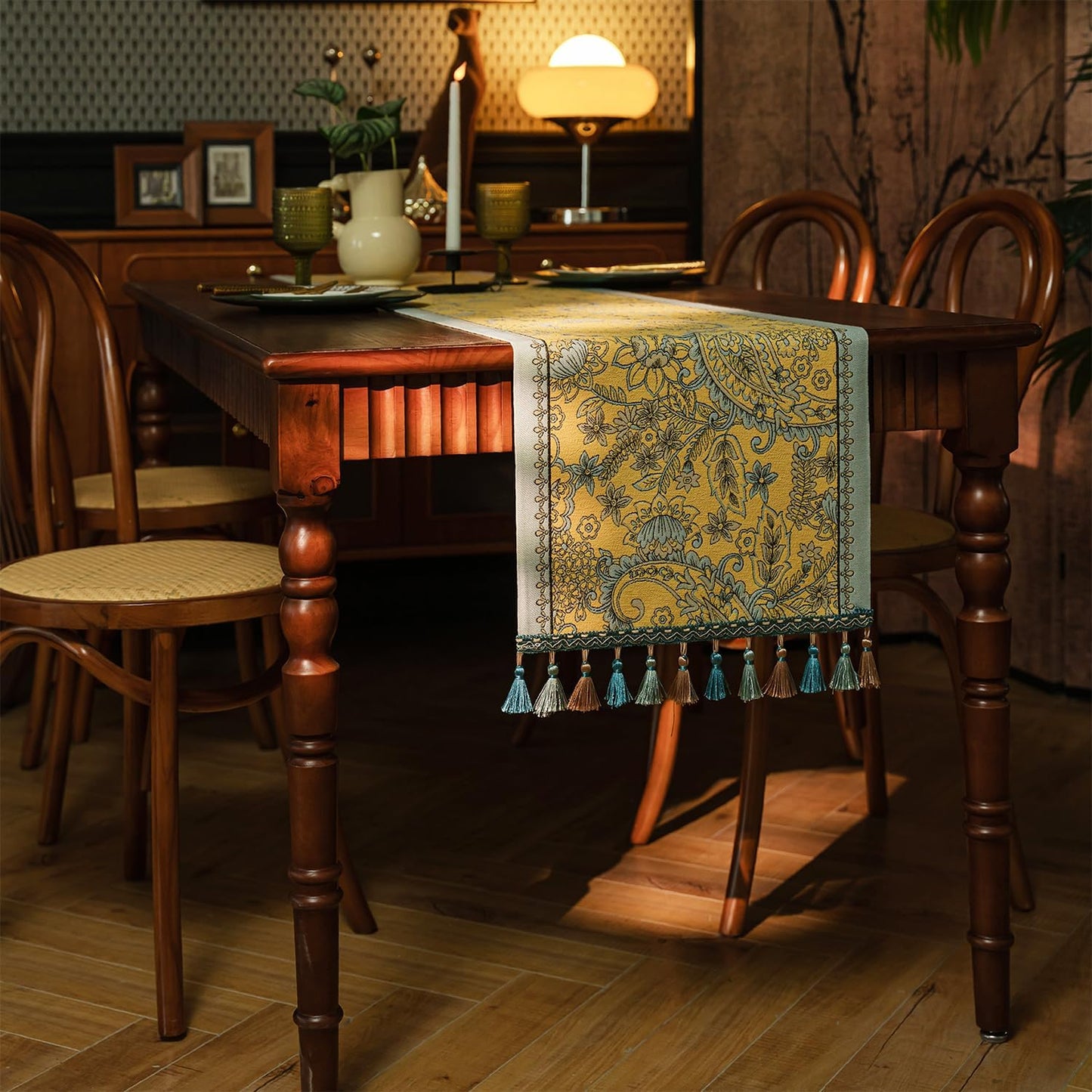 13×72 Inch Table Runner, Retro-Luxury Tassels Series for Kitchen Dining Table Holiday Decoration (Yellow Pheonix)