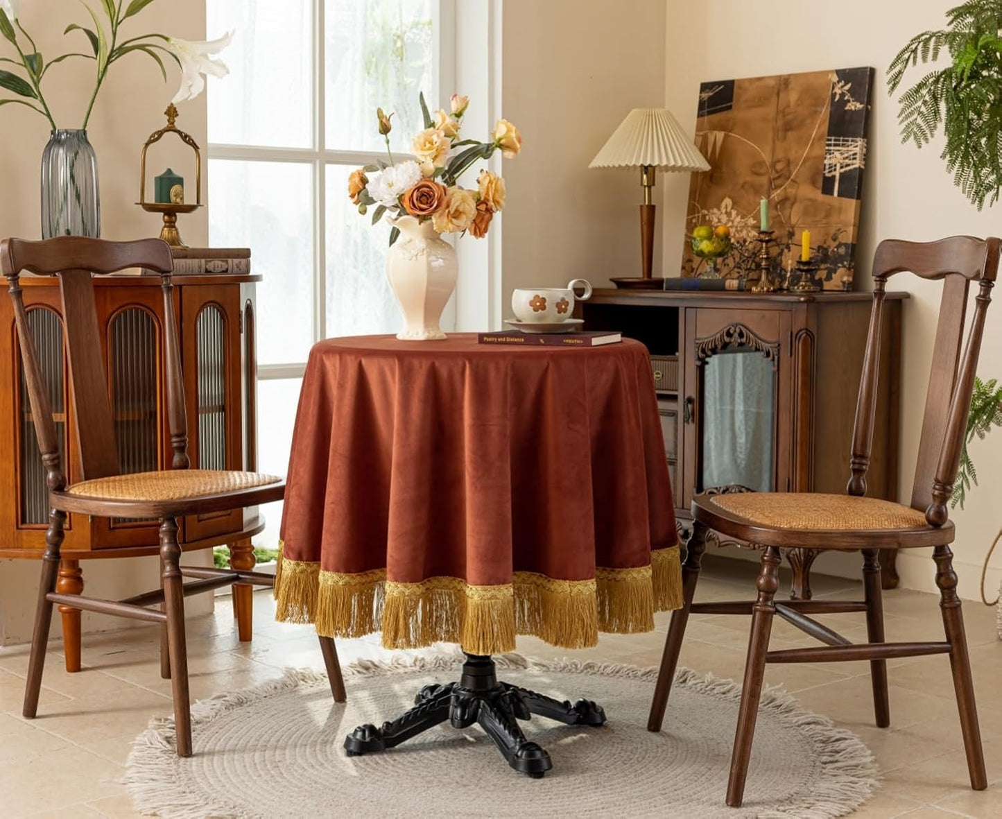 F-CHU Burnt Orange Tablecloth Thickset Velvet Tablecloth with Beautiful Gold Vintage Tassels Table Cloth for Home Decor Wedding, Party, Banquet and Events 70" Round