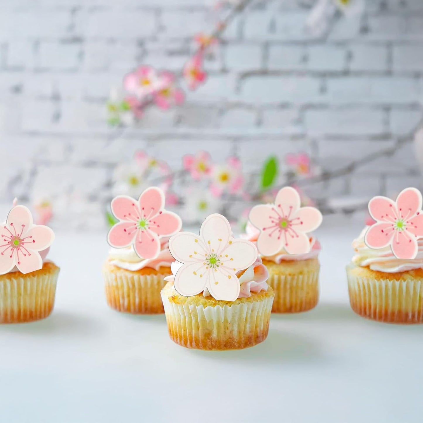 Ephlyn 54Pcs Edible Cherry Blossom Cake Decoration Spring Flowers Cupcake Toppers Wafer Paper Flowers Cake Decoration Wedding Birthday Baby Shower Party Supplies White Pink