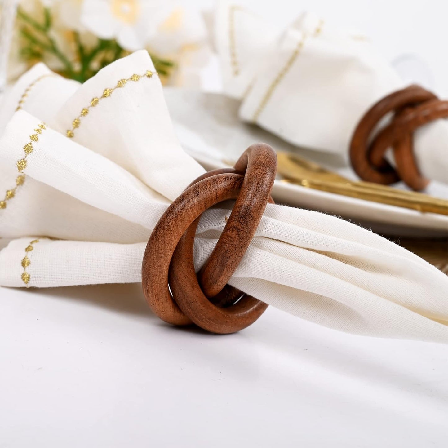 Three Ring Napkin Rings Set of 8, Decorative Handcuff Serviette Ring, Napkin Holders Bulk for Party Decoration, Dinning Table, Everyday, Family Gatherings Tabletop Décor (Brown) - CLEENTABLE