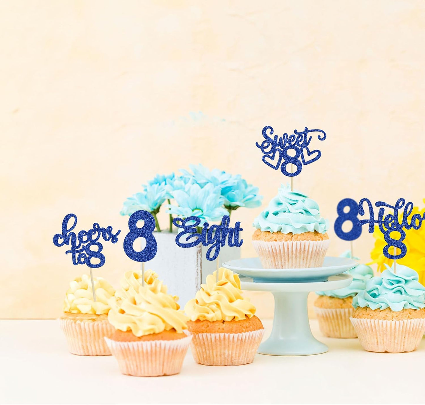 30Pcs 8th Birthday Cupcake Toppers Glitter Eight Hello 8 Cupcake Picks Cheers to 8 Years Old Cake Decorations for 8th Birthday Party Supplies Deep Blue