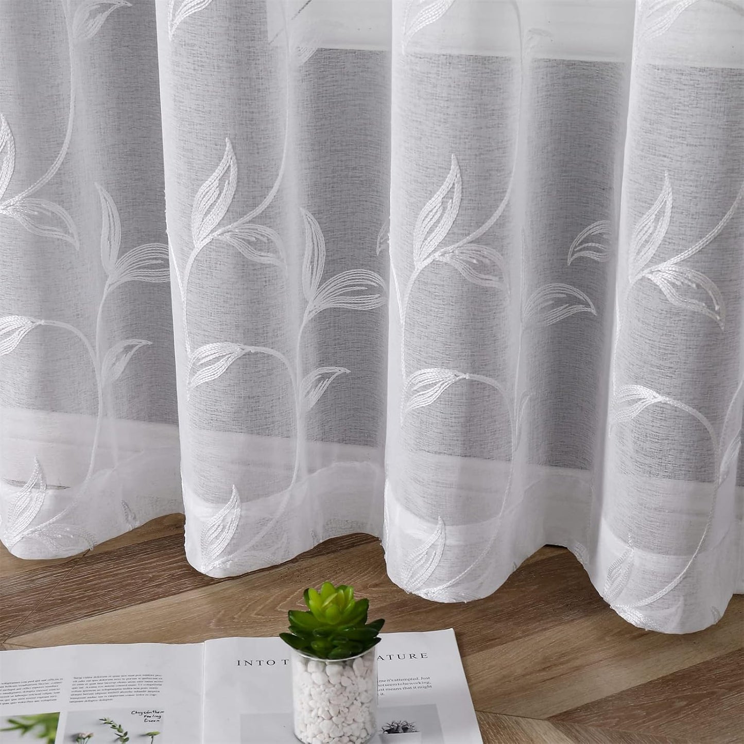 VISIONTEX White Sheer Voile Curtains, Decorative White Embroidery Faux Linen Rod Pocket Window Drapes for Home Kitchen, Living Room and Bedroom 54 x 84 Inch, Set of 2 Curtain Panels