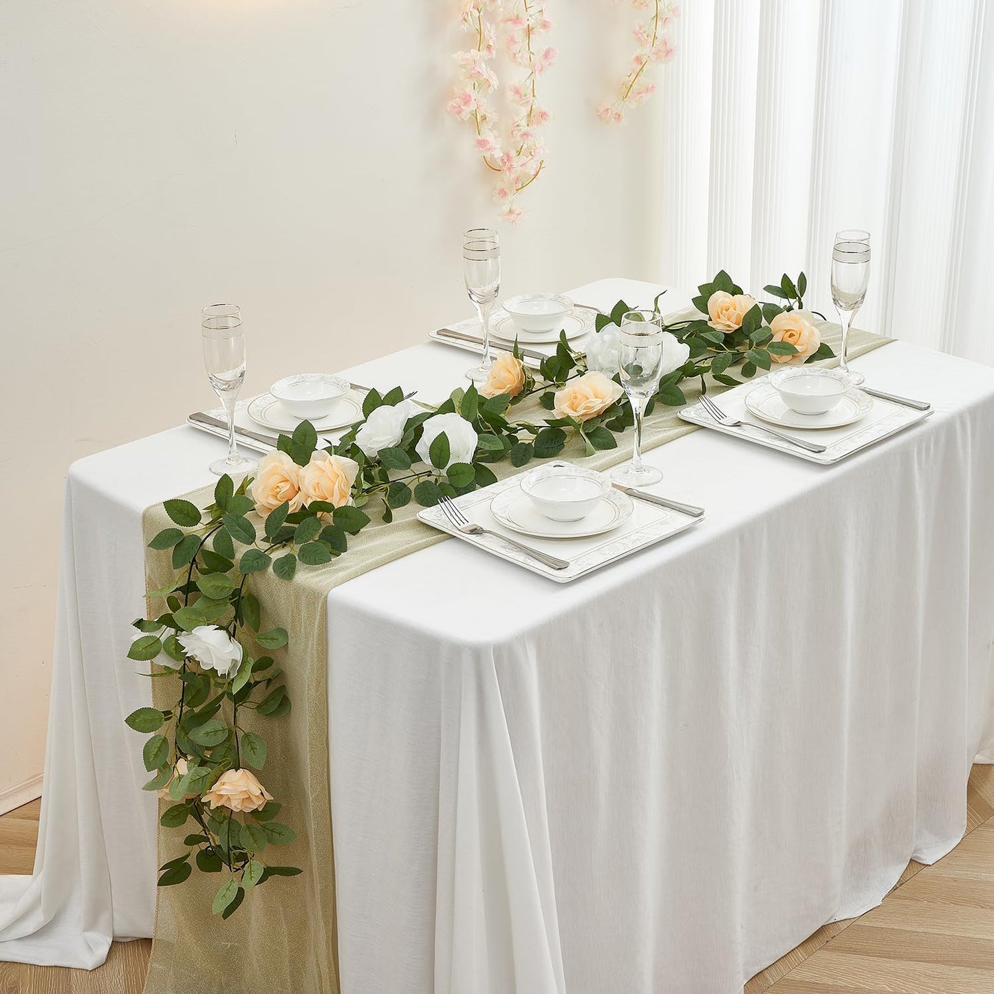 Artificial Rose Garlands Rose Vines Leaves Banners Hanging Floral Garland Fake Rose Flower Vine Wall Decorations, Champagne