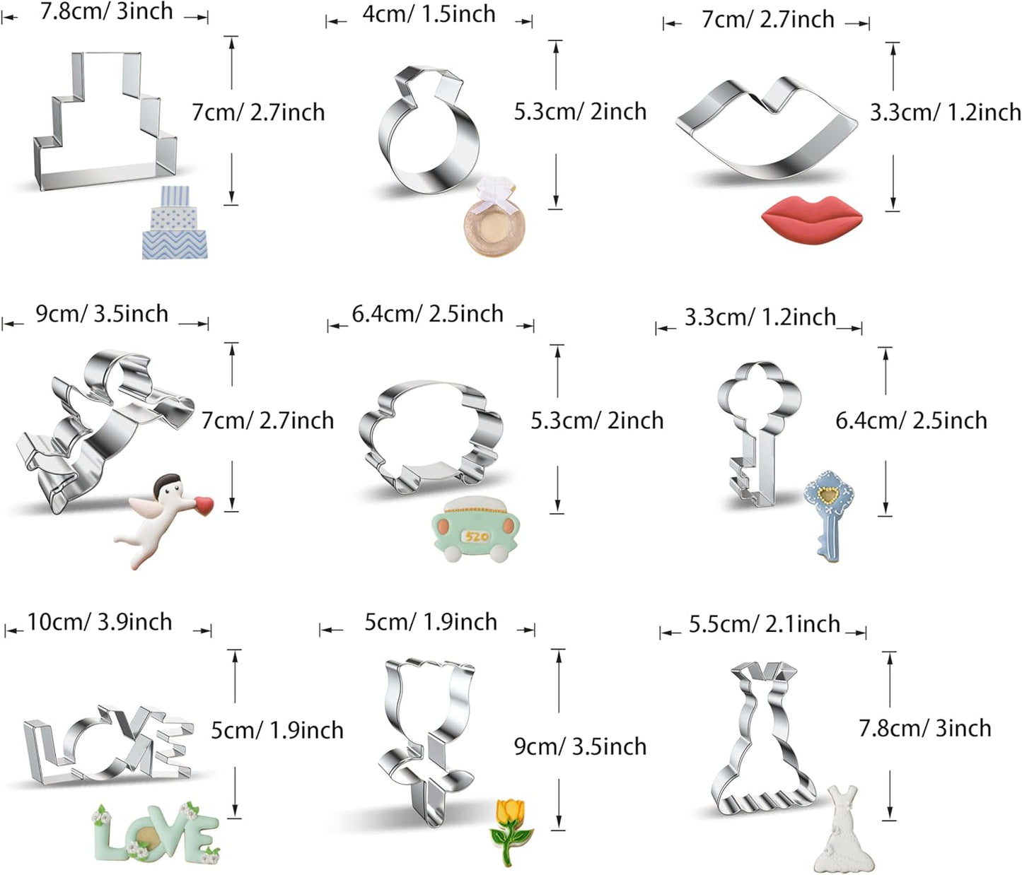 Wedding Cookie Cutters 9-Pc Set - Wedding Cake Diamond Ring Lips Cupid Wedding Car Key Love Rose Wedding Dress - A