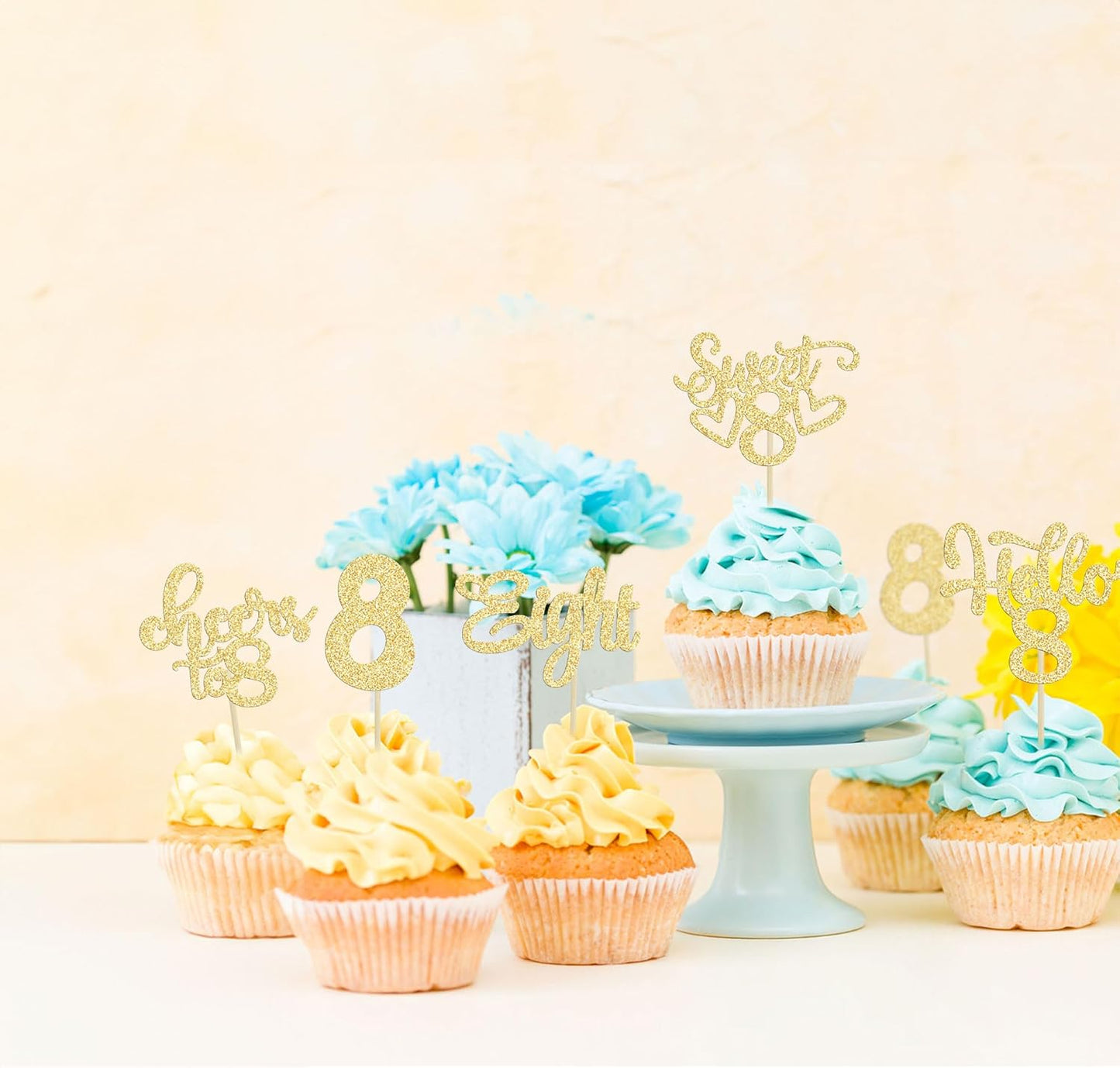 30Pcs 8th Birthday Cupcake Toppers Glitter Eight Hello 8 Cupcake Picks Cheers to 8 Years Old Cake Decorations for 8th Birthday Party Supplies Gold
