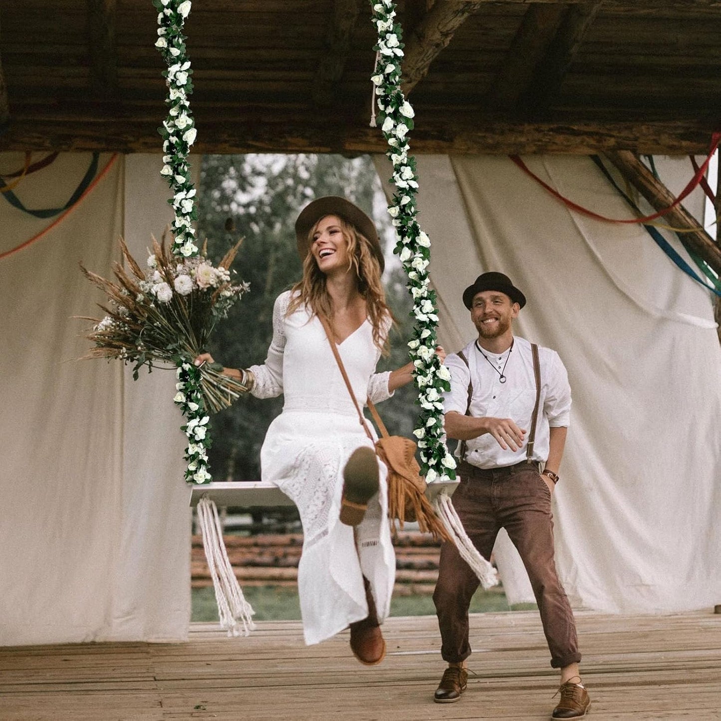 8Pcs 63Ft White Rose Garland, Fake Rose Hanging Flowers, Artificial Flower Vine, Hanging Floral Vine Garland for Wedding, Birthday Party, Wall Arch, Halloween, Christmas Garden Backdrop Decor