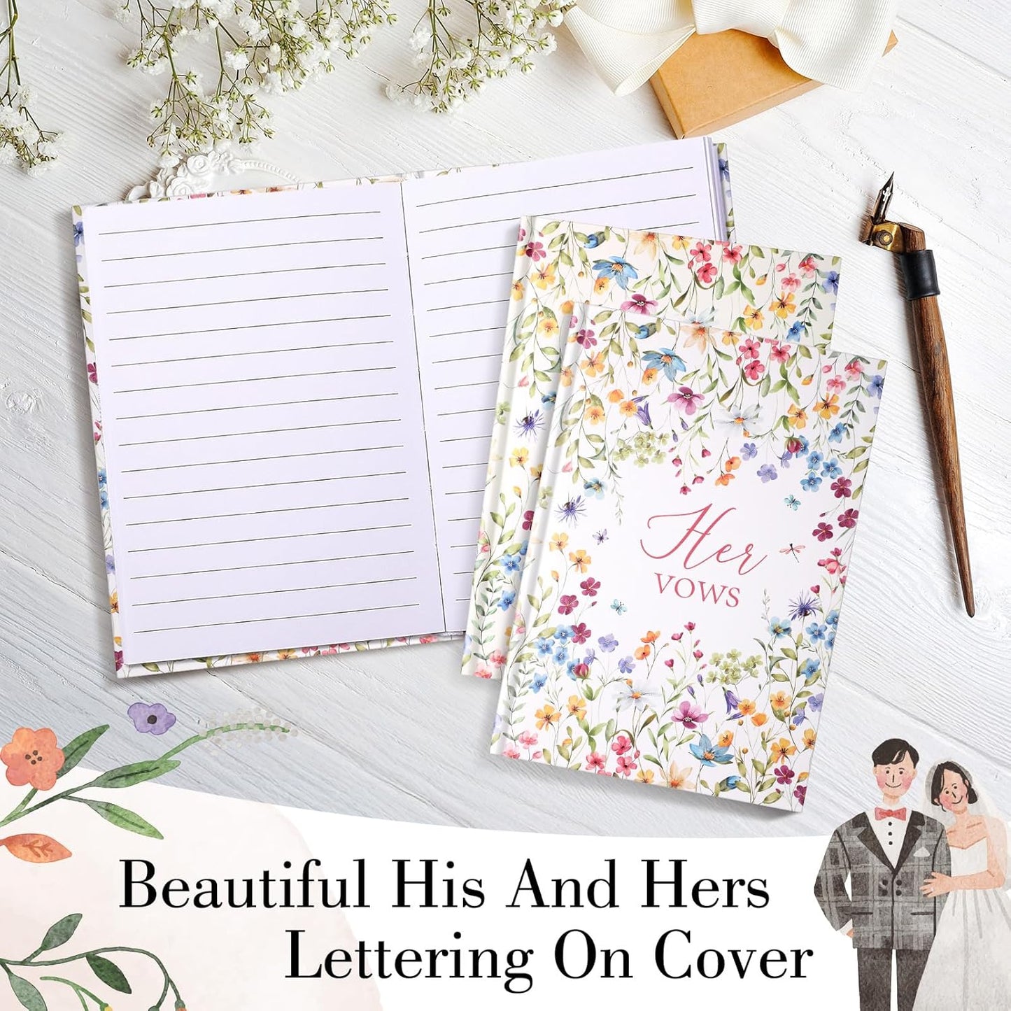 Set of 2 Vow Books His and Hers, Wedding Vow Books (6.06x4.17) Wedding Keepsake Essentials Elegant Bridal Shower Ceremony Gift Elopement Essentials (Colorful,Wildflowers)