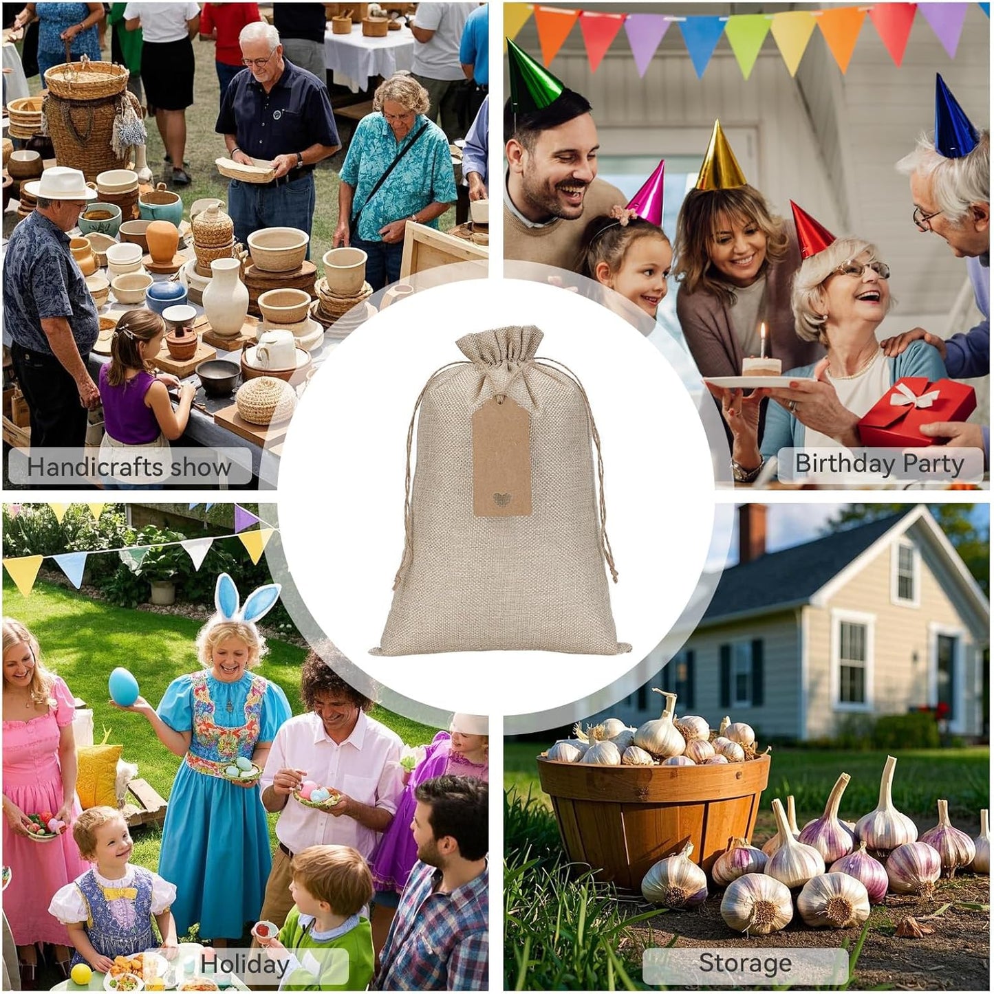 Tapleap Burlap Gift Bags with Drawstring - 10Pcs 8x12 Original Sacks with String and Tags for Wrapping Halloween Favors, Clothes, Toiletries, Breads, Mason Jars, For Birthday, Wedding