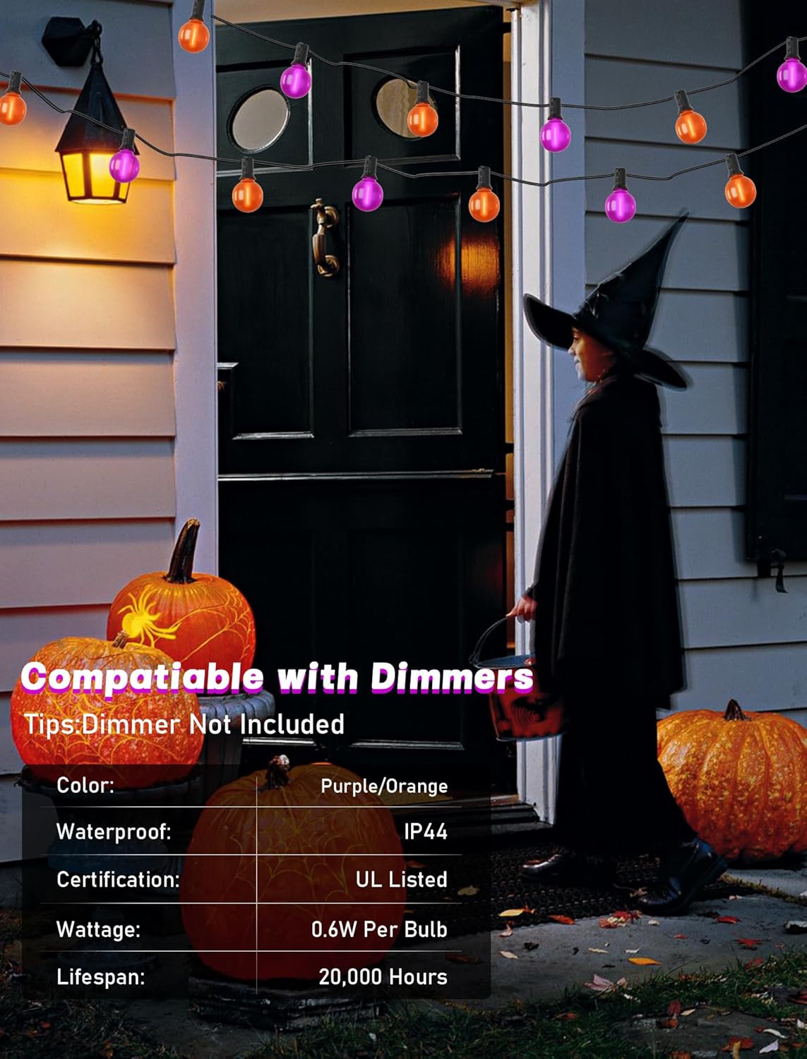 25ft Halloween String Lights Outdoor - G40 LED Orange and Purple String Lights with 27 Frosted Globe Bulbs(2 Spare), Vintage Halloween Decorations for Patio Balcony Porch Yard