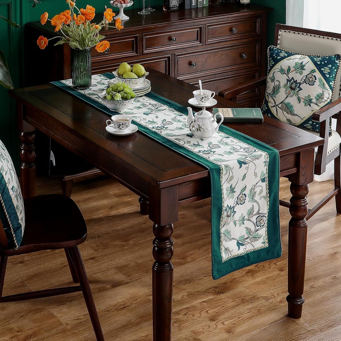 patdrea Designer Elegant French Floral Velvet Table Runner, Teal with Blossoms Pattern Table Mat, Decoration for Kitchen Dining Coffee Table Shelf Cabinet Banquet Thanksgiving,12"*102"