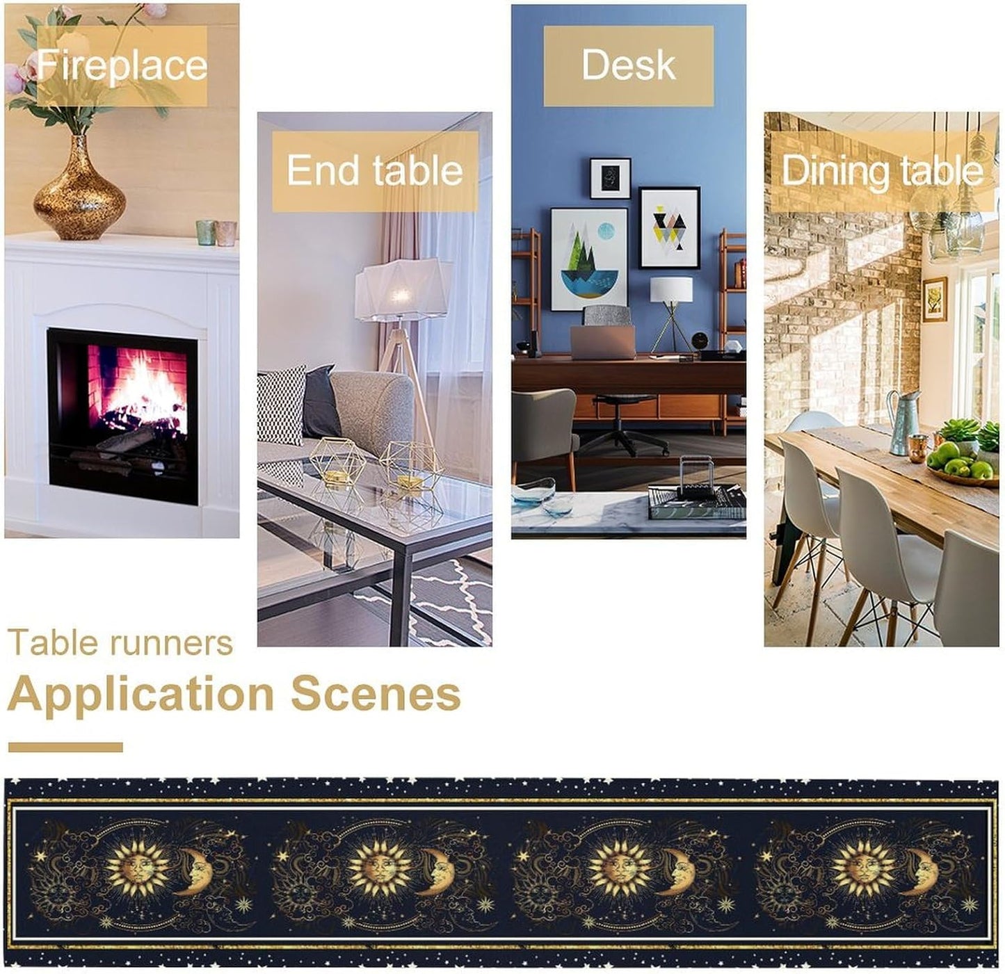 Sun Moon Table Runner, Seasonal Golden Sun Moon Holiday Kitchen Dining Table Runner for Kitchen Living Room Home Party Decor 13x70 Inch