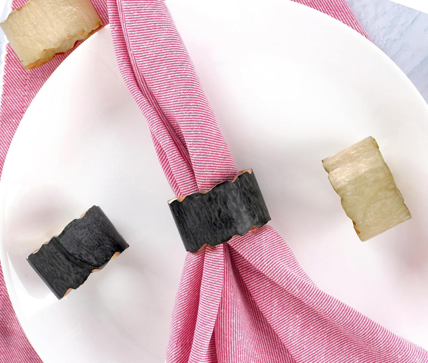 12 Pieces Epoxy Resin Napkin Rings - Farmhouse Napkin Rings Holder for Wedding, Banquet, Adornment for Table Settings, Boho Style for Dining Table, Wedding (Black & Cream)- ALPHA Living HOME