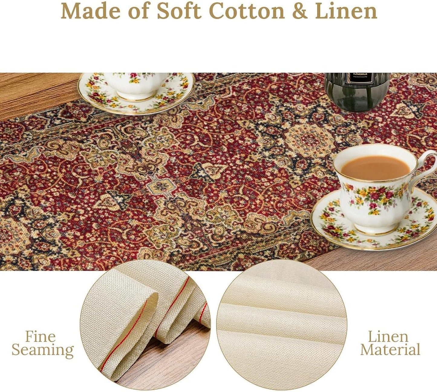 Vintage Boho Floral Table Runner, Rustic Country Farmhouse Red Gold Bohemia Flower Pattern for Home Kitchen Table Decor Dining Coffee Room Party Decor 13x72in