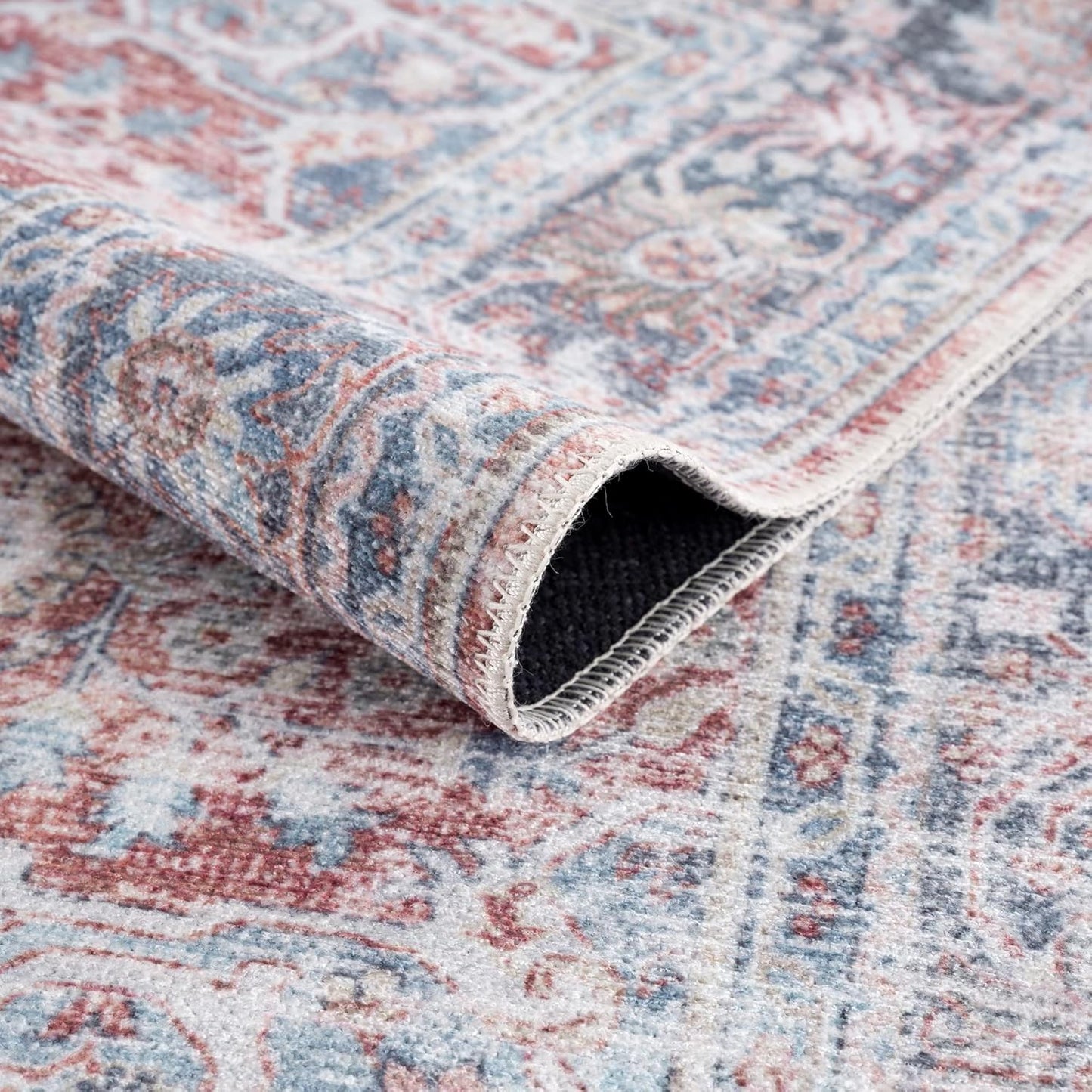 Bloom Rugs Caria Washable Non-Slip 5x7 Rug - Brick/Dark Blue Traditional Area Rug for Living Room, Bedroom, Dining Room, and Kitchen - Exact Size: 5' x 7'