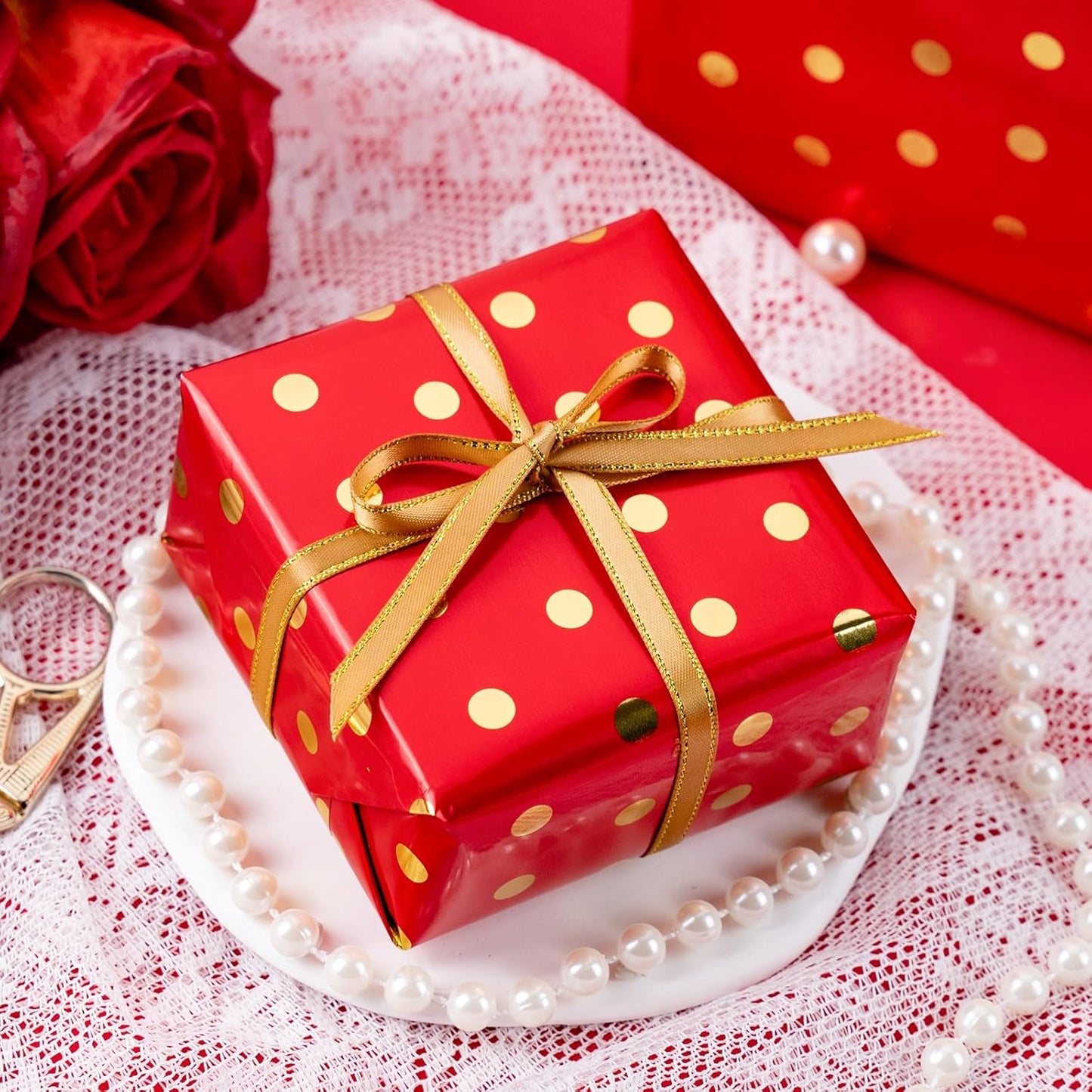 Flyhill Gold Foil Polka Dot Wrapping Paper Roll,Mini Roll Red Reversibl Gift Wrap for Birthday,Girls,Baby Shower,Wedding (17 Inch X 32.8 Feet)