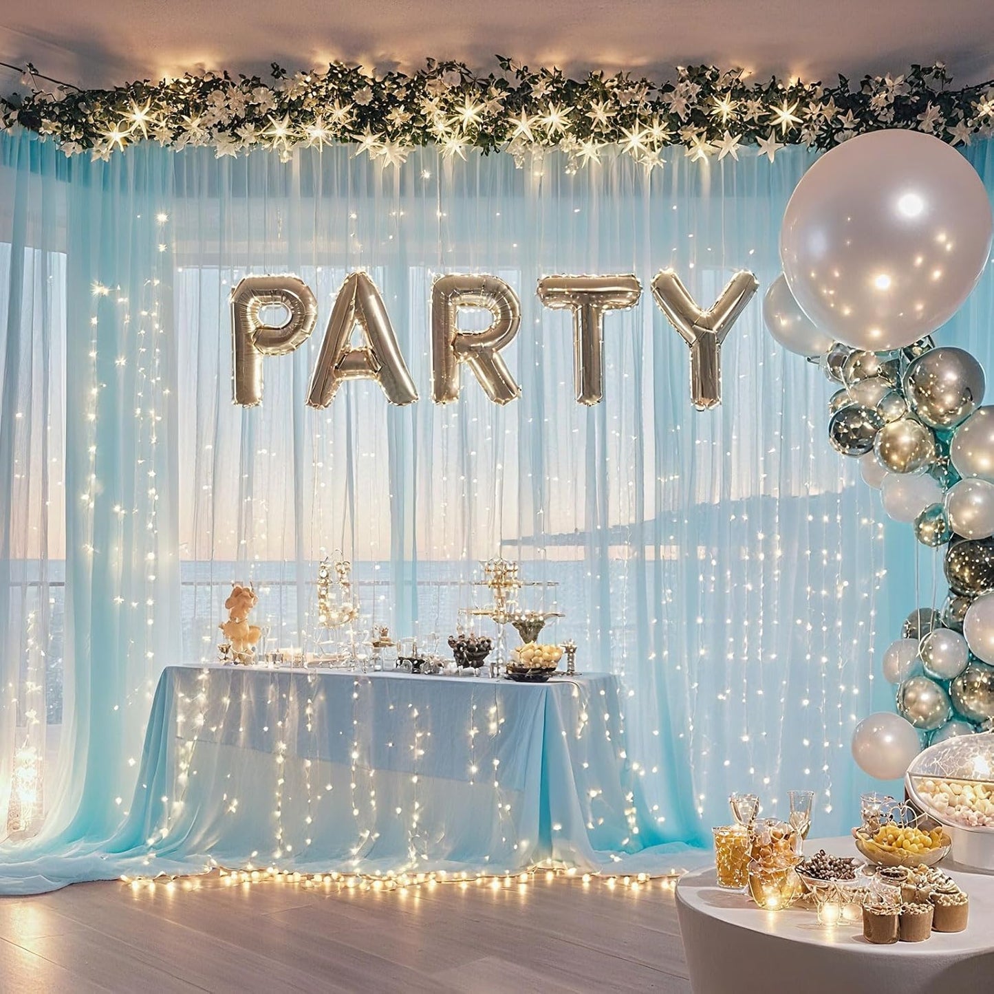 10×10ft Tulle Backdrop Curtains with Lights String - 300LED Fairy Lights Sheer Curtain Backdrop for Weddings Baby Shower and Birthday Party Decorations(4 Panels 5×10ft)