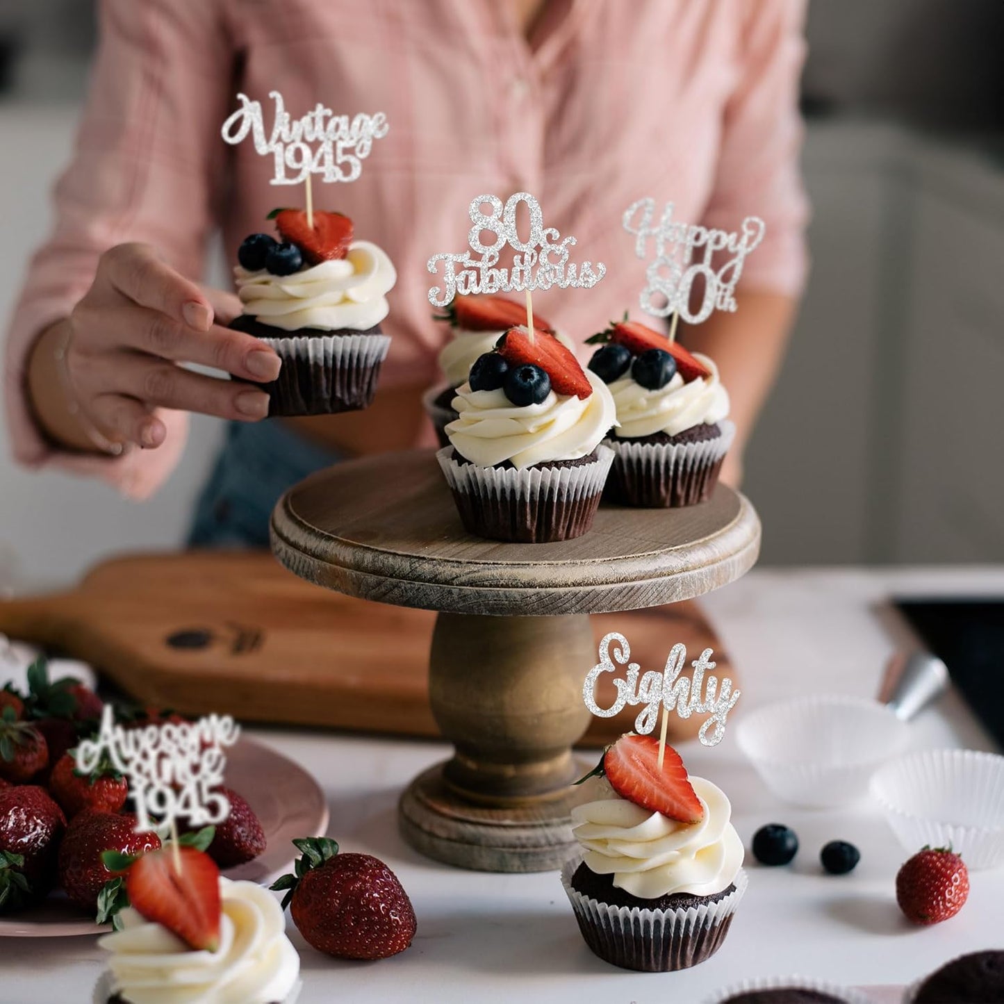 30Pcs Happy 80th Birthday Cupcake Toppers Glitter Awesome Since 1945 Eighty 80 Fabulous Vintage 1945 Cupcake Picks for 80th Birthday Anniversary Retirement Party Cake Decorations Supplies Silver