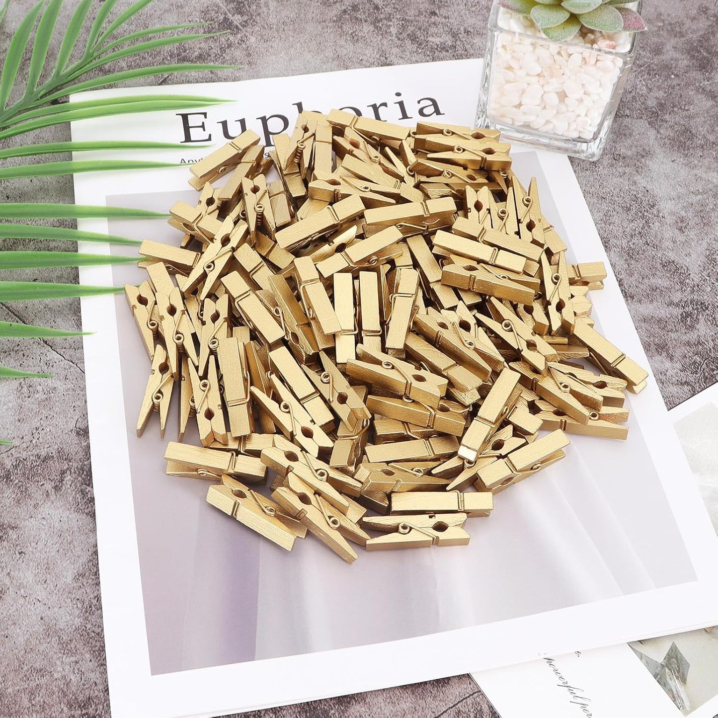 100 Pcs Gold Wooden Pins, 1.38 Inch Tapestry Clothes Pins Wall Clips Photo Picture Clips Poster Clips Strong Spring Clips for Home and Office Poster Photo Decor (Gold 100 Pack 1.38 Inch)