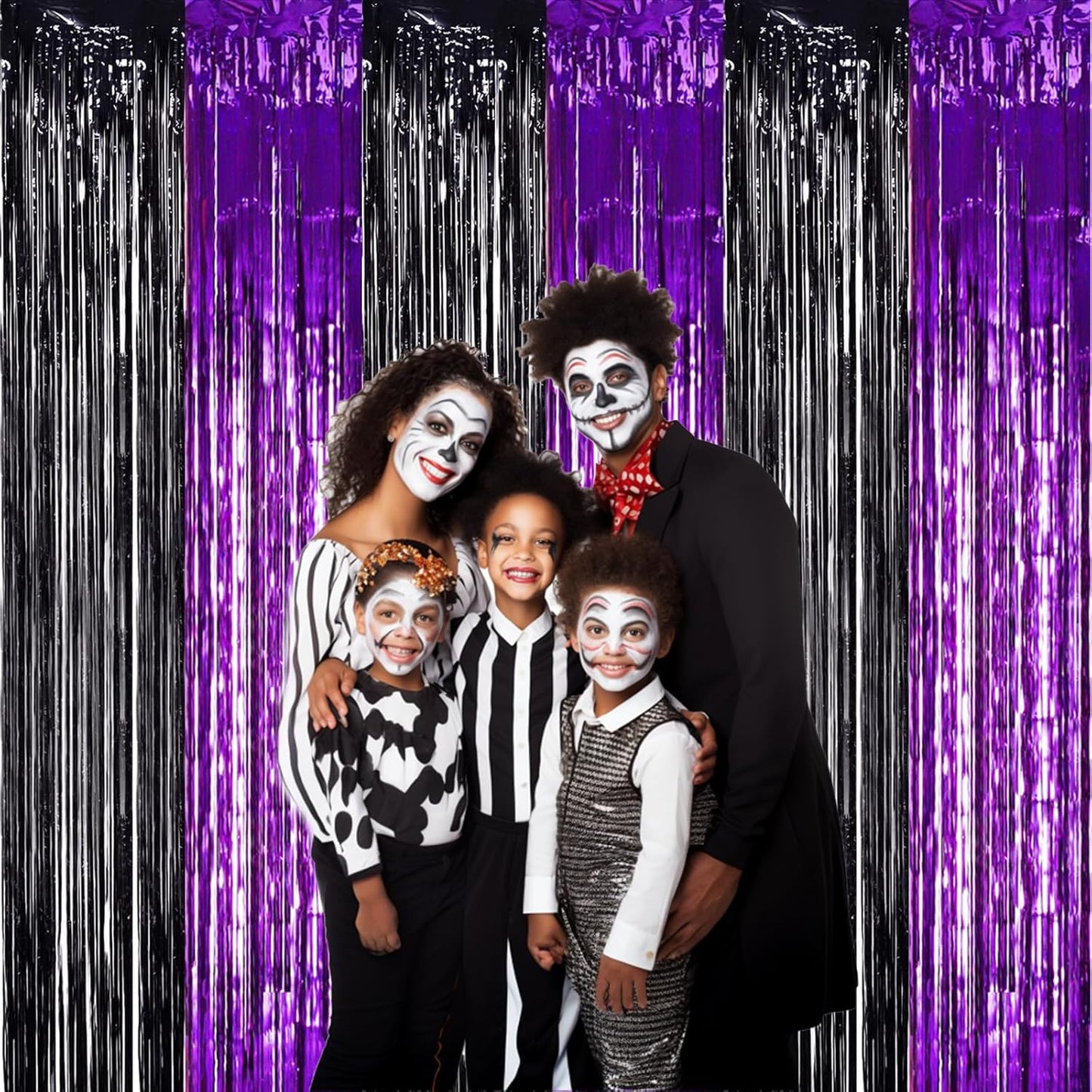 TONIFUL 2Pcs Black Purple Door Streamers,Photo Booth Backdrop Metallic Streamers Foil Fringe Curtains for Birthday Christmas New Year Bachelorette Halloween Party Streamers Decor