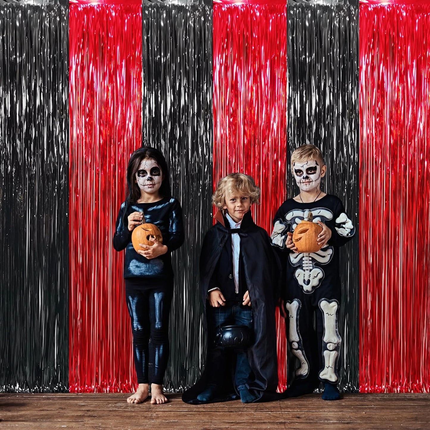 GOER 6.4 ft x 8.2 ft Metallic Tinsel Foil Fringe Curtains,Pack of 2 Party Streamer Backdrop for Birthday,Graduation Decorations and New Year Eve (Black&Red)