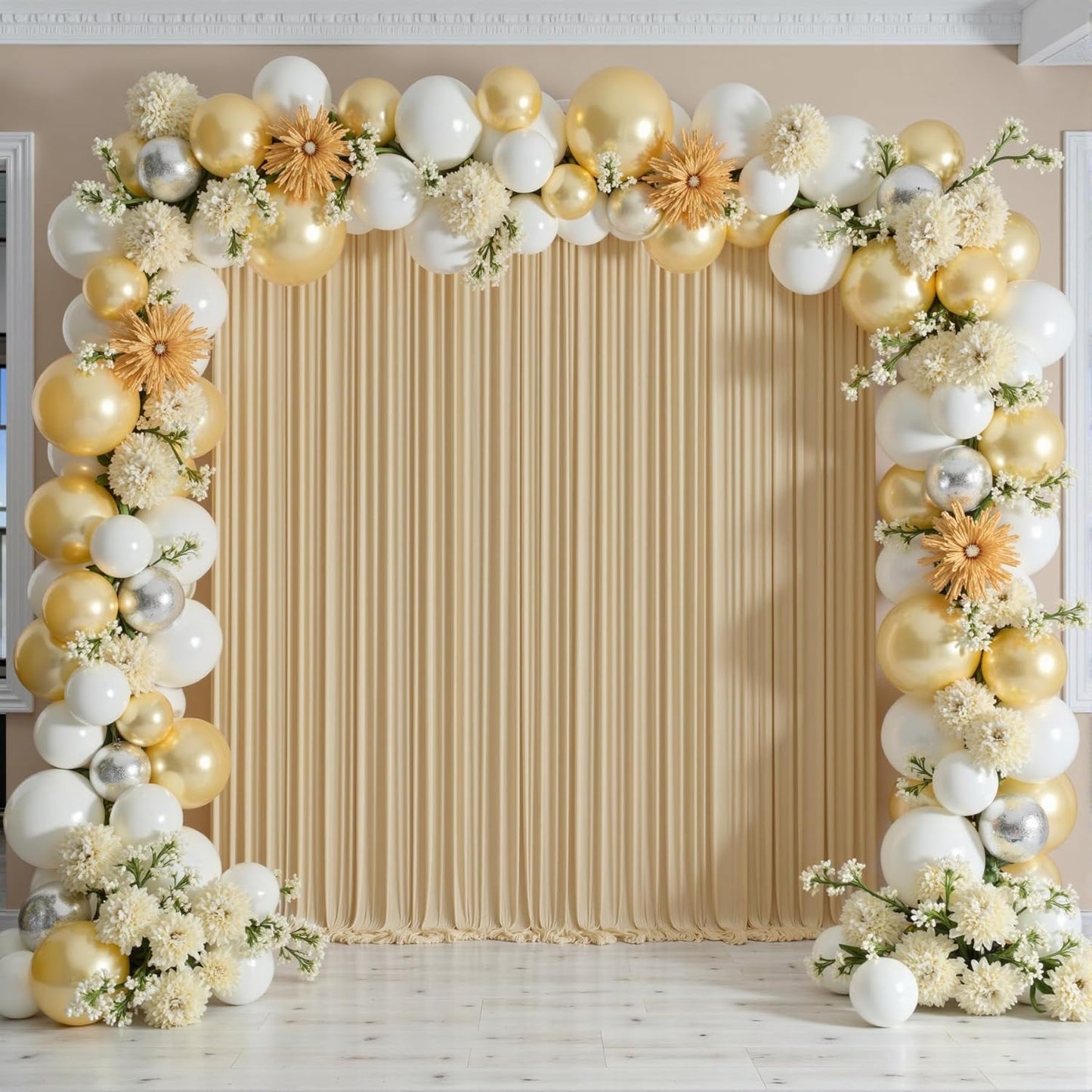 60ftx12ft Wrinkle Free Beige Backdrop Curtain, 12 Panels 12FT Height Beige Wedding Backdrop Drapes, Silky Polyester Back Drop Cloth for Birthday Photography Background Party Backdrop Draping