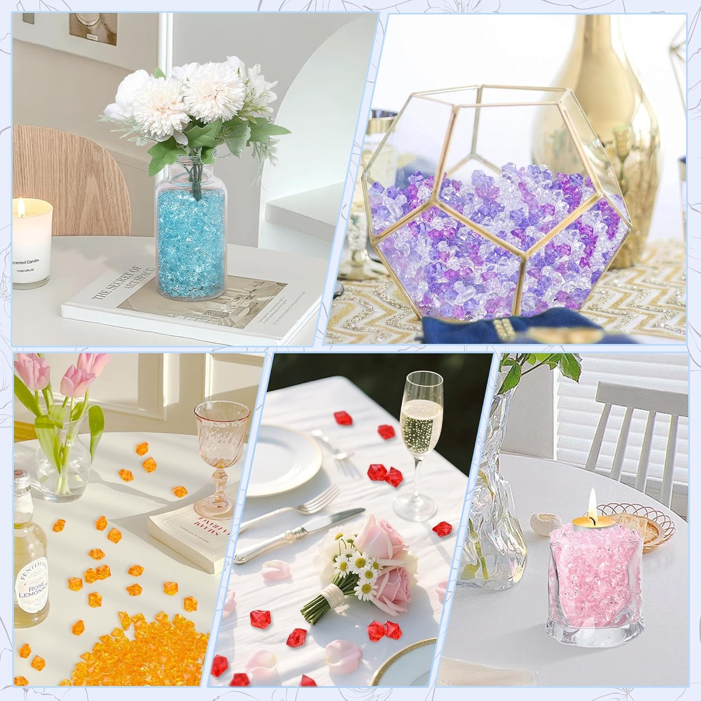 LAIDANLA 500PCS Blue Acrylic Gems Vase Fillers Fake Ice Cubes Plastic Diamonds Fake Crushed Rocks for Centerpiece DIY Party Table Scatter Prop Wedding Decoration Accessories