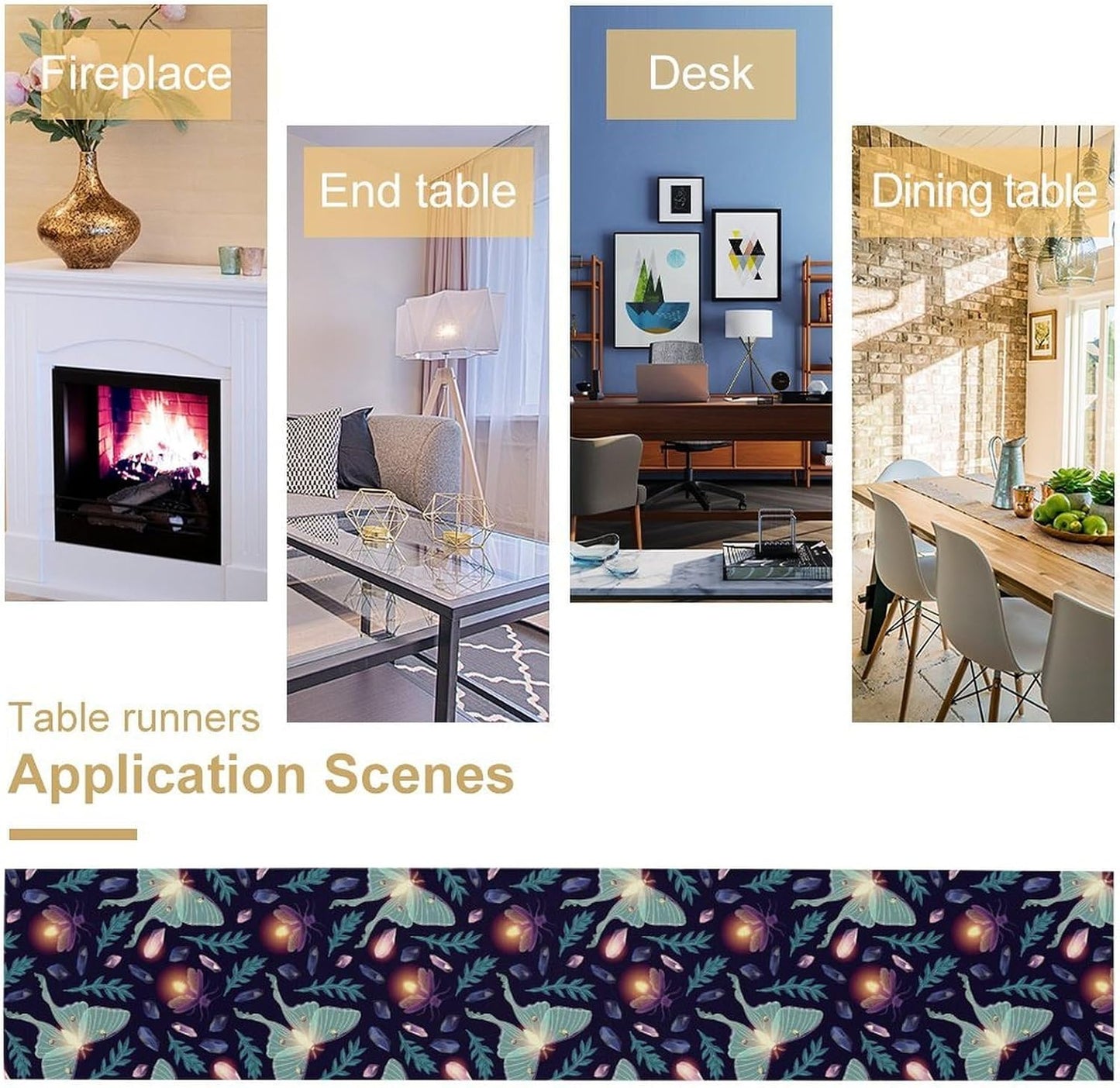 Moth Table Runner, Retro Boho Aesthetic Blue Moth Magic Table Runner for Home Kitchen Dining Party Indoor Outdoor Decoration 13x60 Inch