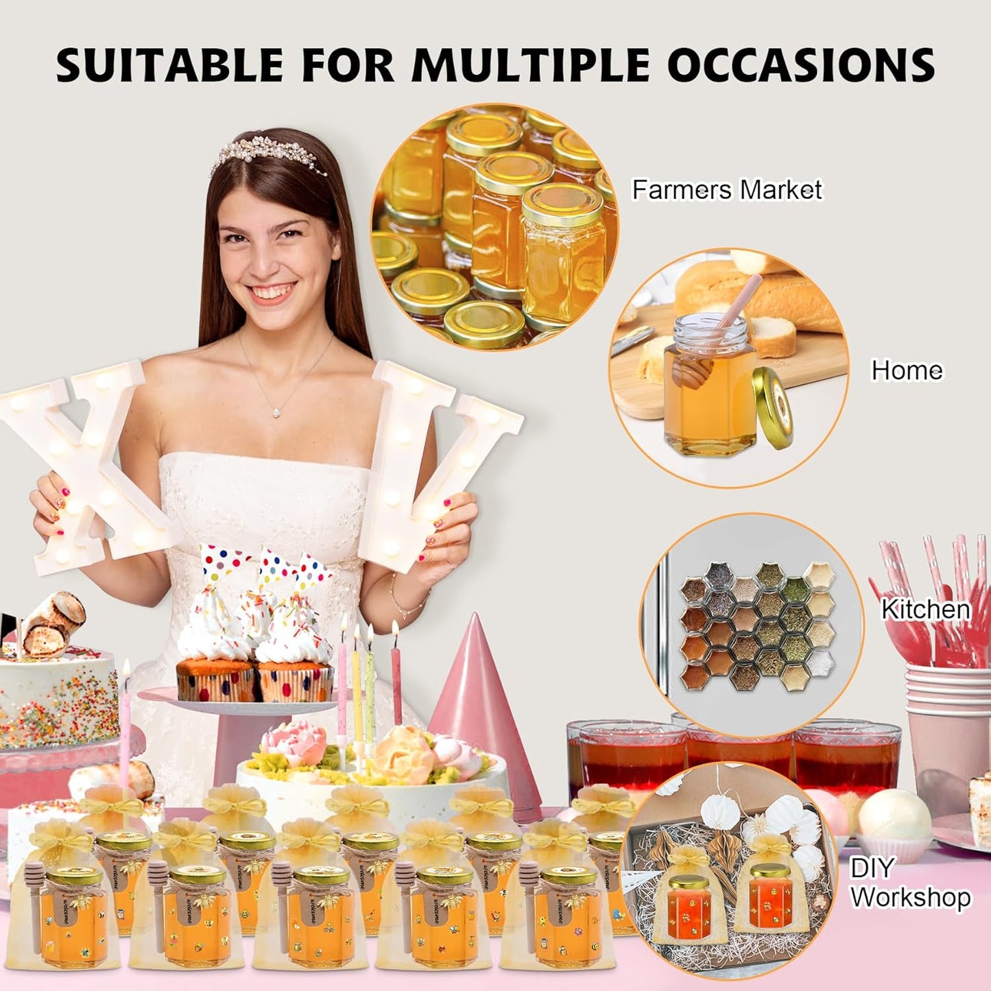 35 Pack 4 oz Mini Hexagon Glass Honey Jars with Dippers, Gold Lids, Bee Stickers, Bee Charms, Gift Bags & Jute– Empty Small Honey Jars for Party Favors Bulk, Ideal for Baby Showers & Weddings