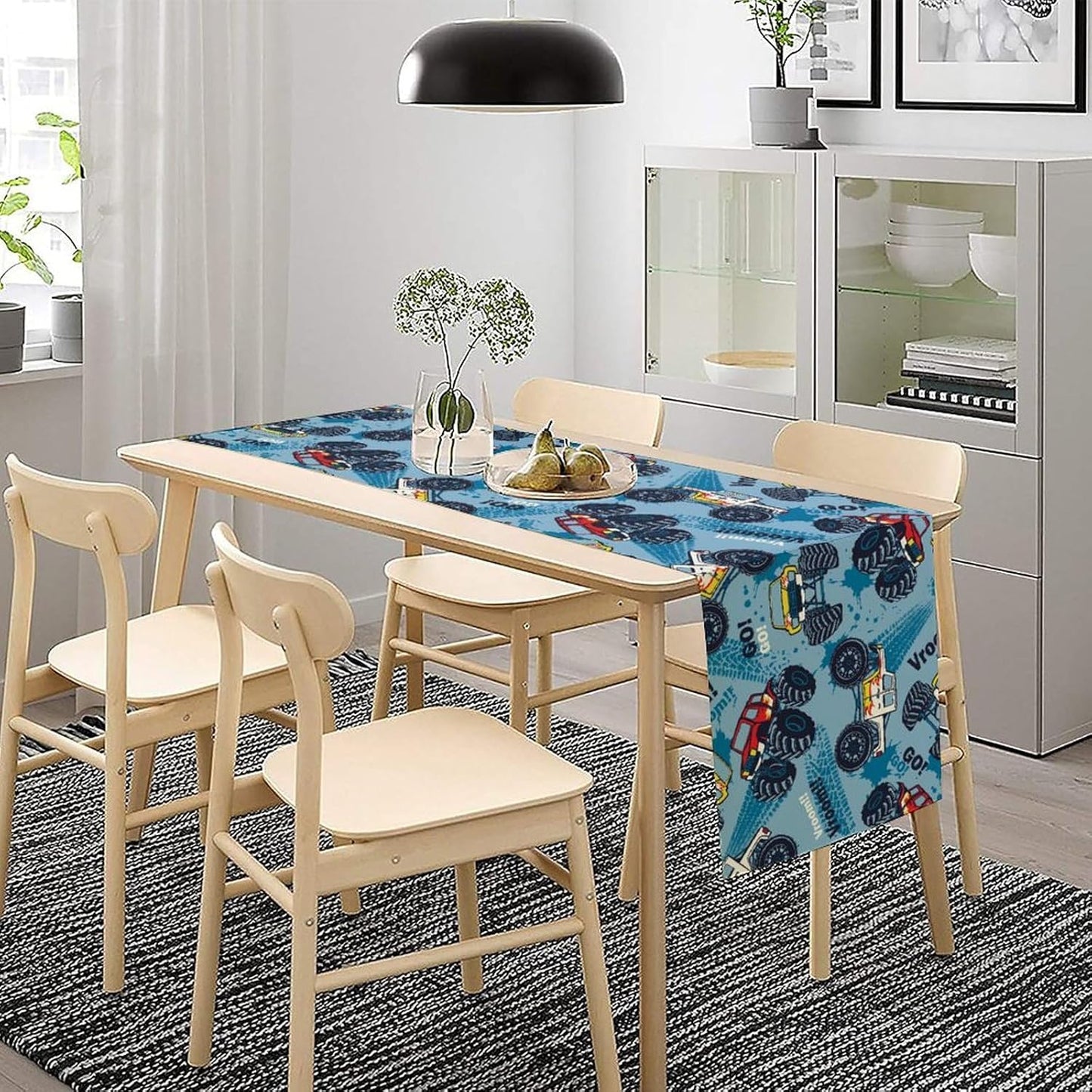 Monster Truck Table Runner,for Kids Boys Cool Colorful Cartoon Blue Cars Pattern Print Tablecloth Burlap for Hotel Indoors Outdoor Dining Room Kitchen Home Decor,W13X L36 in