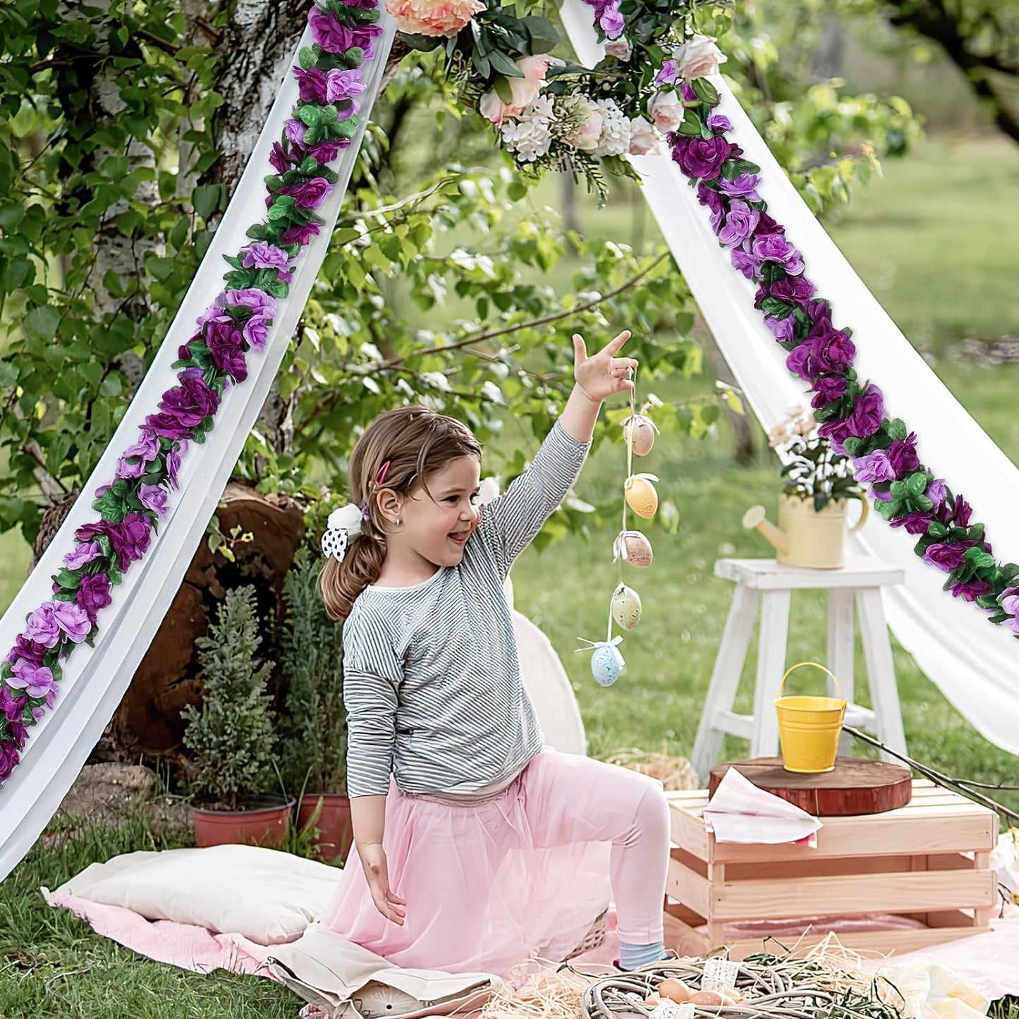 KHOYIME 5 Pack 40 FT Artificial Flower Garland, Fake Purple Roses Vines Silk Flowers Faux Plastic Outdoor Hanging Floral Ivy Garland Decoration for Wedding Arch Bedroom Home Wall Backdrop Room Decor