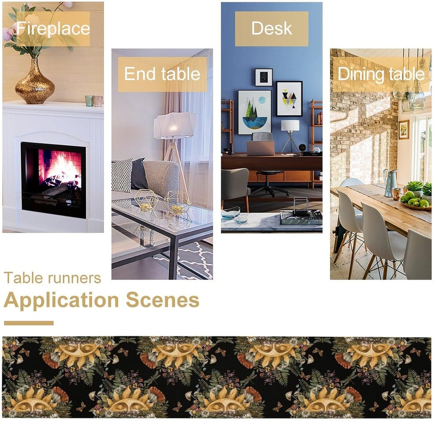 Sun Moon Table Runner, Bohomian Mushroom Daisy Table Gothic Dragonly Butterfly Table Center Decor Table Runner for Indoor Outdoor Party Kitchen Dinner Black, 13x70 Inch