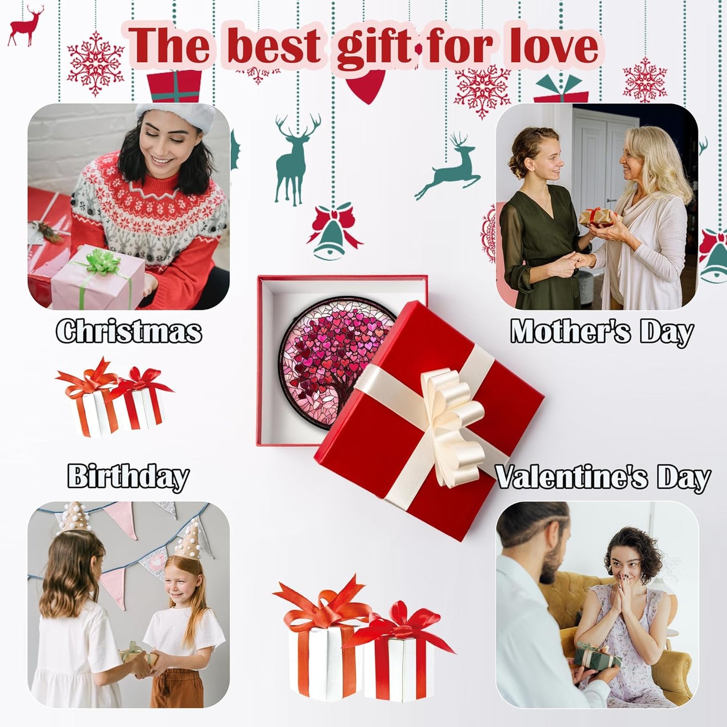 Stained Glass Window Hanging, Pink Love Tree of Life Sun Catchers Colorful Glass Panel Suncatcher Decor for Birthday for Women, Men, Wife, Lovers, and Mom 14.9x14.9 in