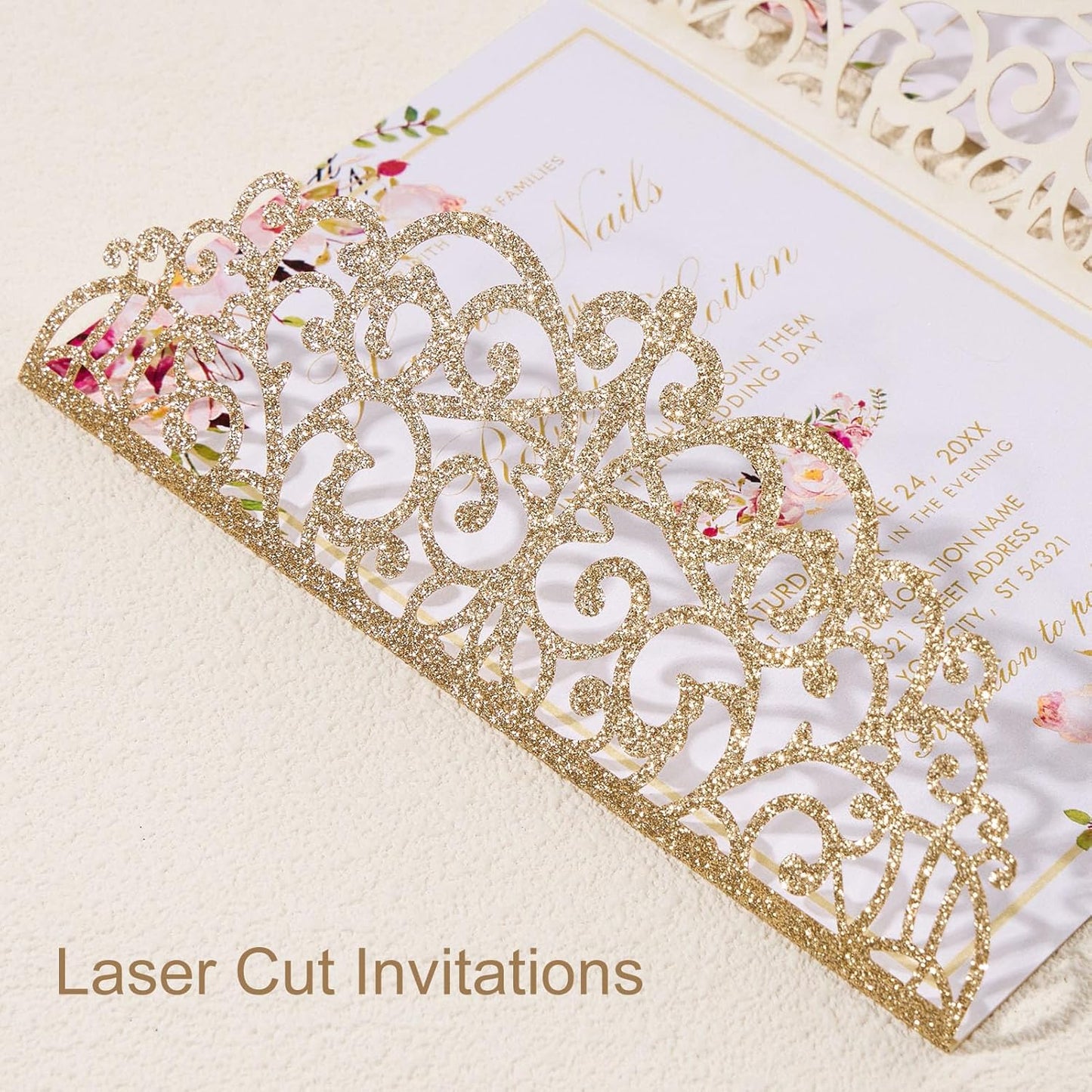 25pcs Personalized Wedding Invitations with Envelopes and RSVP Cards Blank Rose Gold 5×7 Glitter Laser Cut Invitation Pockets for Wedding Engagement Bridal Shower Birthday Quinceañera Anniversary