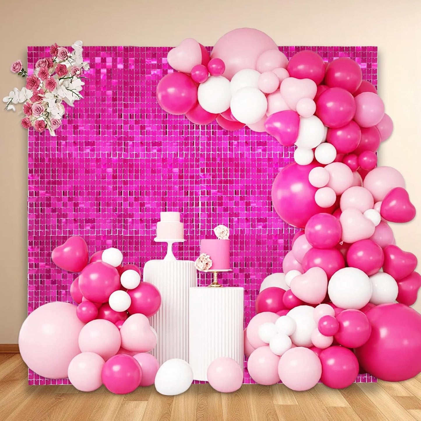 24PCS Hot Pink Shimmer Wall Backdrop, Square Sequin Backdrops Panel, Glitter Wall Background for Birthdays, Weddings, Graduation, Engagements, Disco Bachelorette Party Decoration (4FTx6FT)