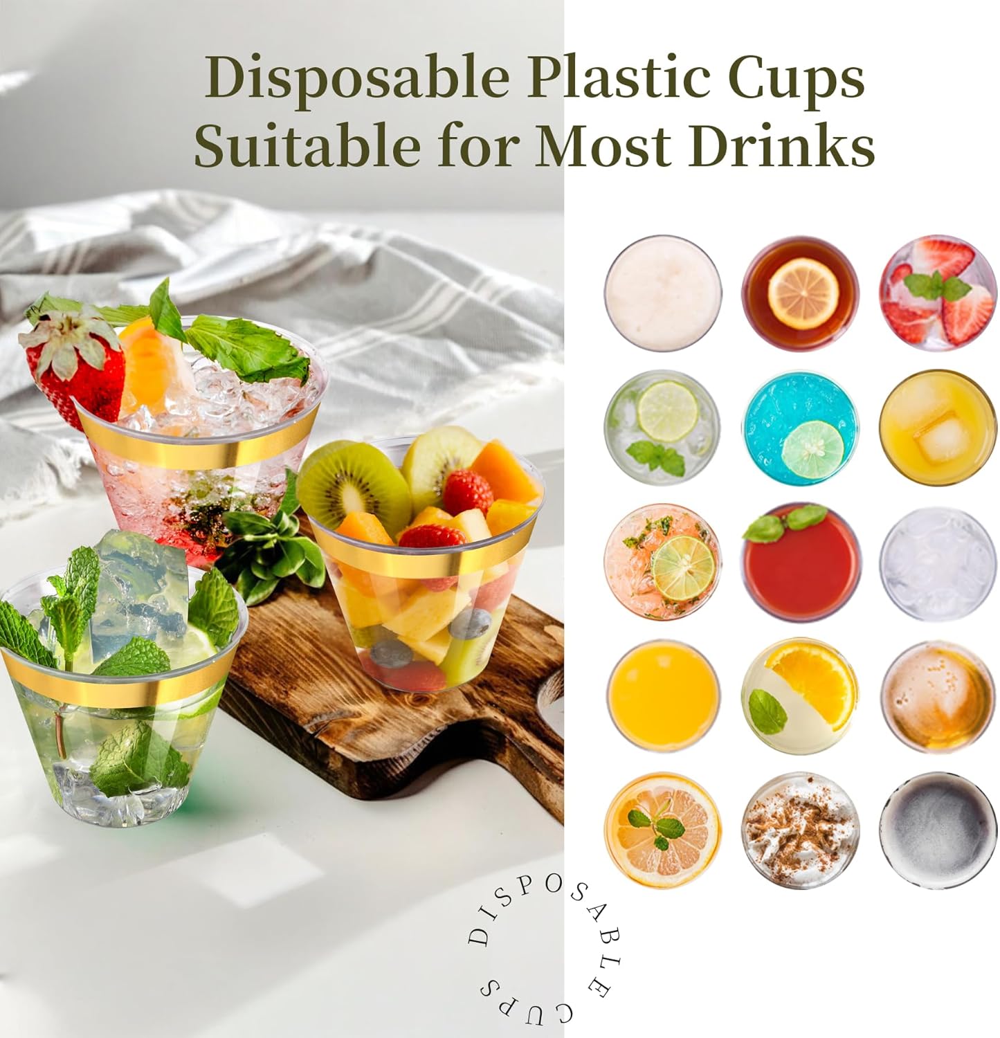 100Counts 9 OZ. Disposable Cups Old fashioned Party Tumblers, 9 Ounce Squat Cups Gold Rimmed Hard Plastic Party Wedding Cups with Gold Rim