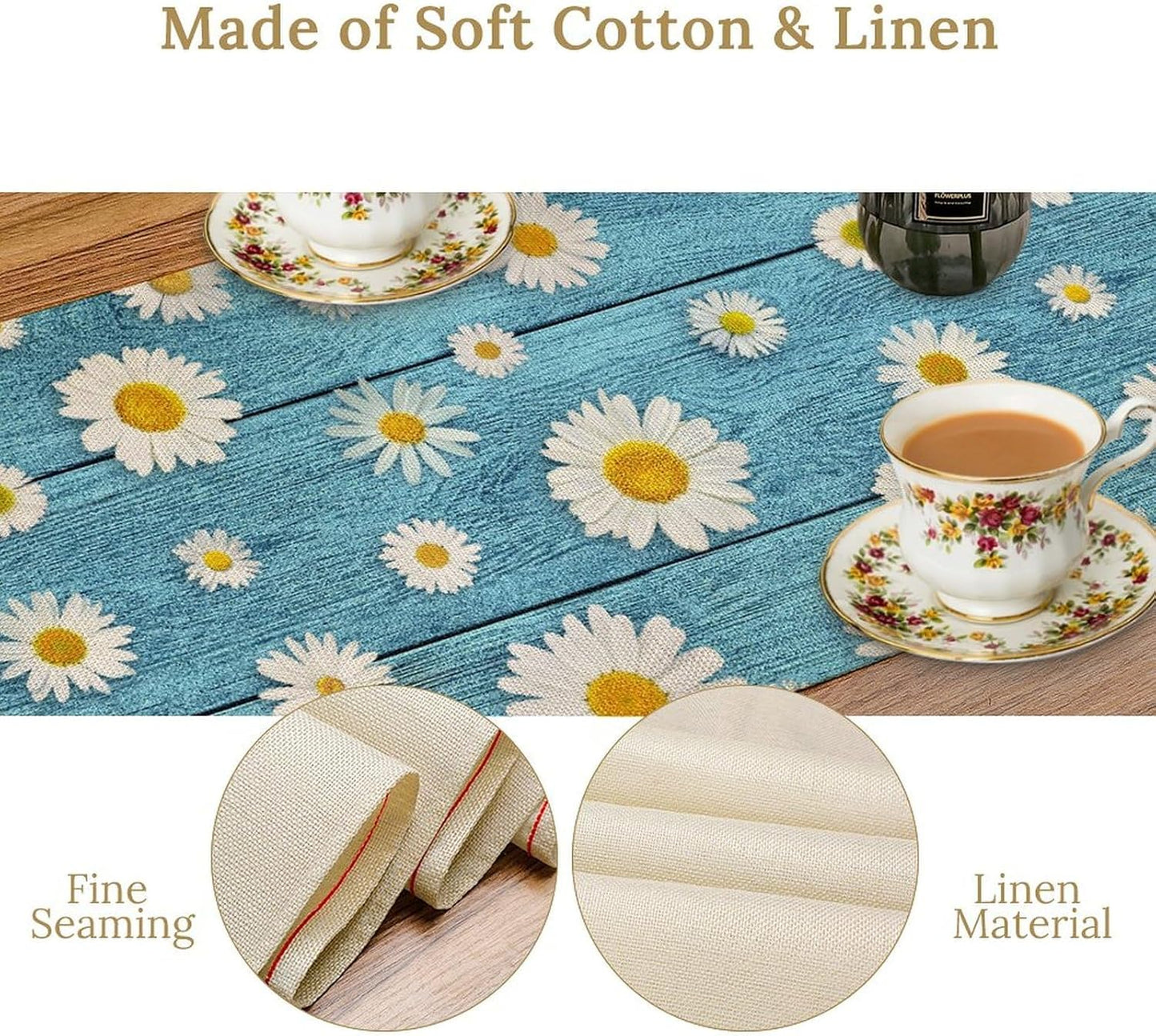 Daisy Floral Table Runner, Spring Seasonal Summer Wild Flower Rustic Country Farmhouse Table Center Decor for Home Kitchen Dining Patio Holiday Party Indoor Outdoor Table Decorations, 13"x72" Inch