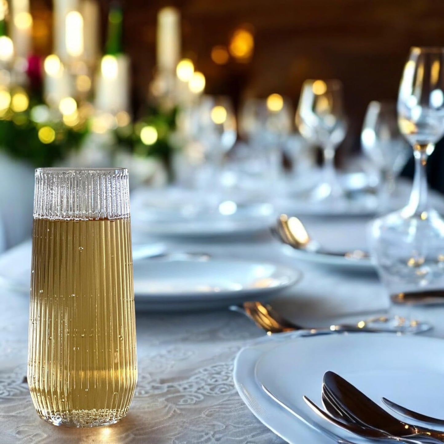 48 Pack Ribbed Origami Ripple Plastic Glasses, 24 9 Ounce Stemless Champagne Flutes & 24 12 Ounce Cups, BPA-Free Disposable Shatterproof Toasting Glasses for Weddings, Bars, and Events (Clear)