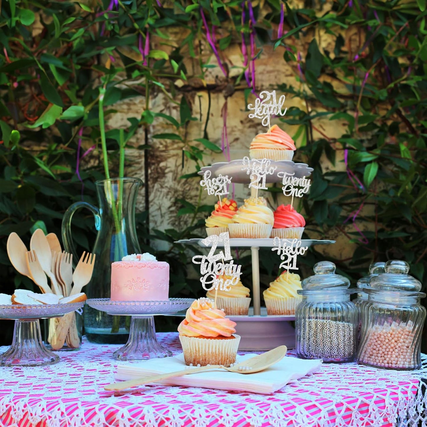 30pcs 21st Birthday Cupcake Toppers - Twenty One Legal 21st Cupcake Picks - Cheers to 21 Years Old - Silver Glitter Cake Decorations