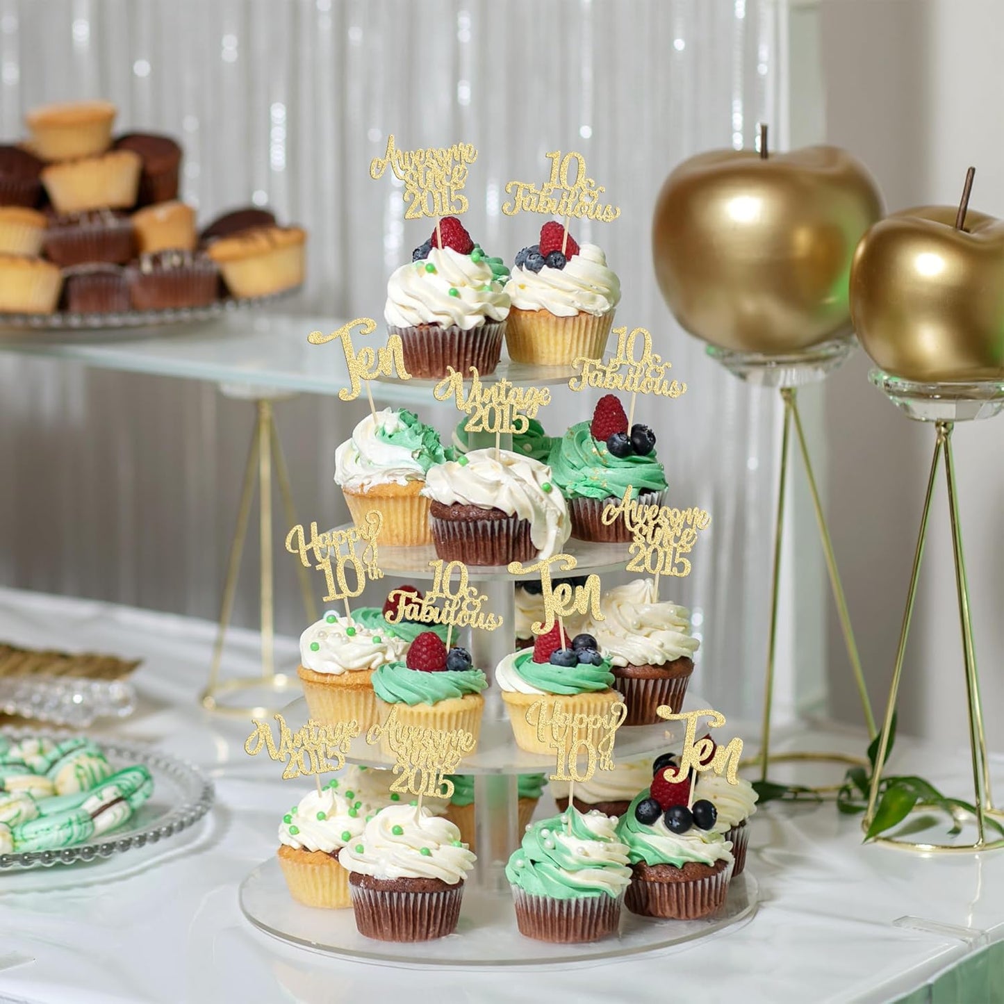 30Pcs Vintage 2015 Cupcake Toppers Glitter Happy 10th Birthday 10 Fabulous Cupcake Picks Cheers to 10 Years for 10th Birthday Wedding Anniversary Party Cake Decorations Supplies Gold