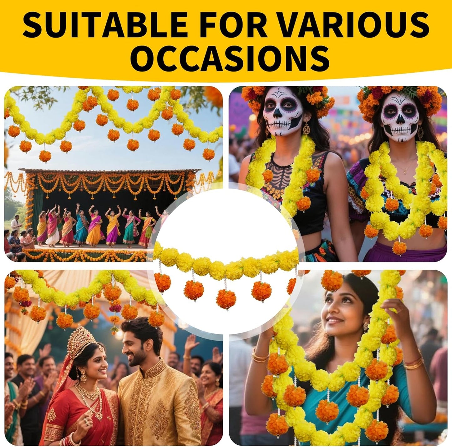 5 Pcs Marigold Garland Diwali Decor Artificial Flowers, 4.5 Feet Artificial Marigold Flowers for Indian Pooja Diwali Home Mantle Decor Wedding Decoration for All Year Decoration (Yellow&Orange)