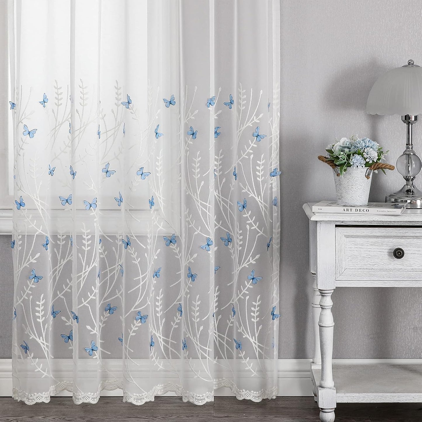 VISIONTEX White Sheer Voile Curtains, Decorative White Embossed Butterflies Rod Pocket Window Drapes for Home Kitchen, Living Room and Bedroom 54 x 95 Inch, Set of 2 Curtain Panels